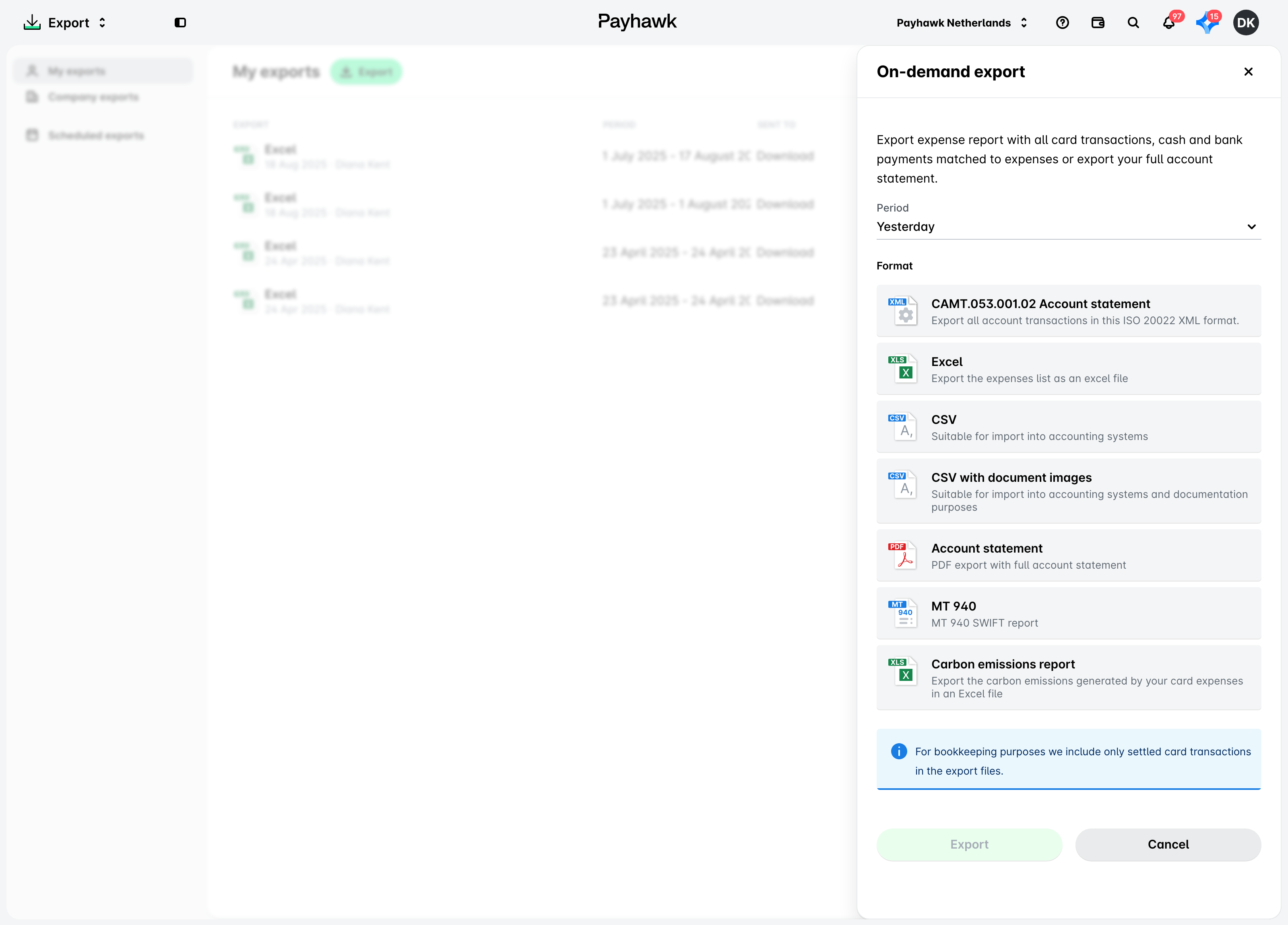 Export app with the On-demand export side panel open, showing the Period drop-down and format options such as CAMT.053, Excel, CSV, Account statement, and Carbon emissions report.