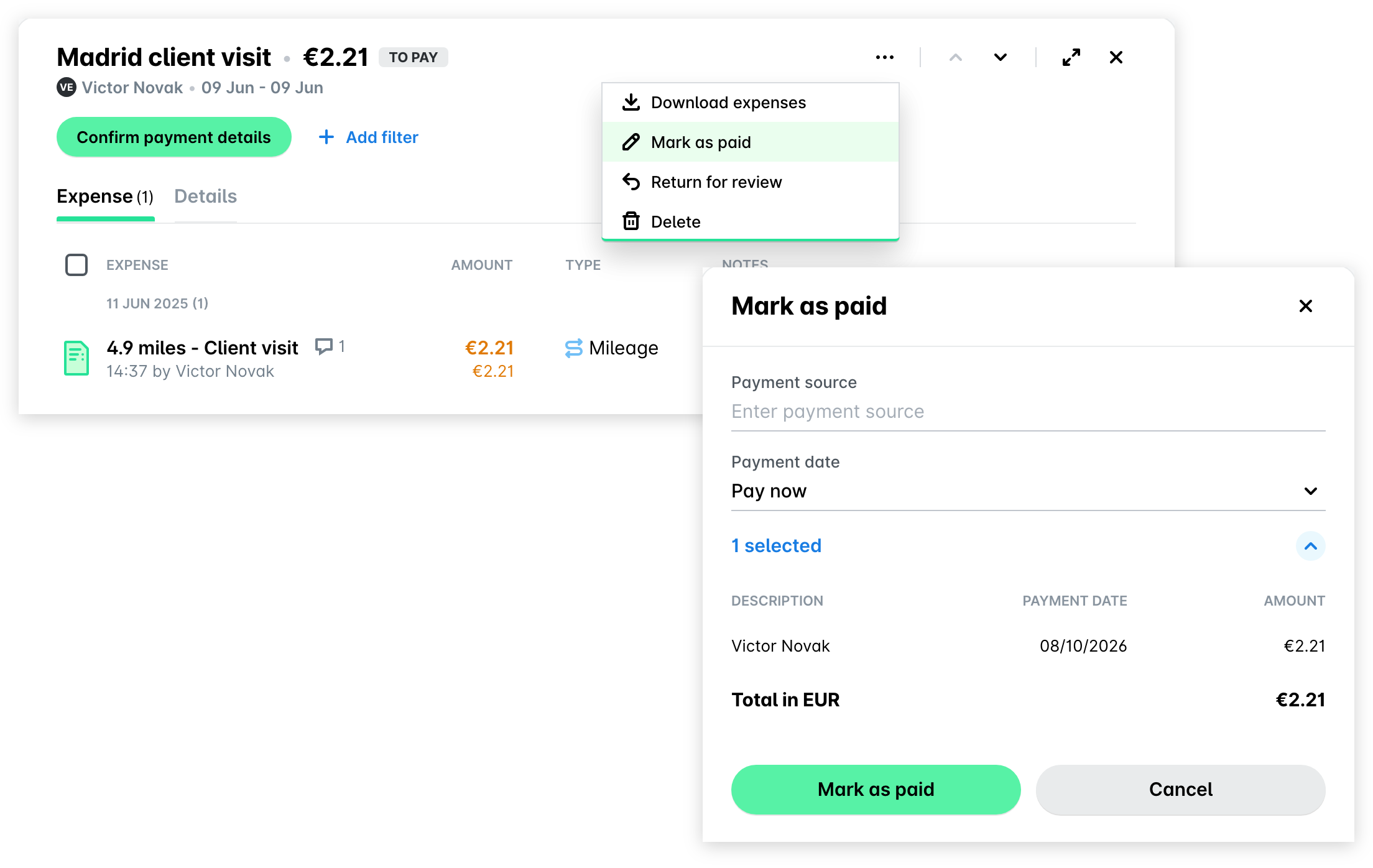 Expense report open on the Confirm Details tab with its three-dot menu showing Mark as paid, and the Mark as paid panel with payment source, payment date, and the Mark as paid button.