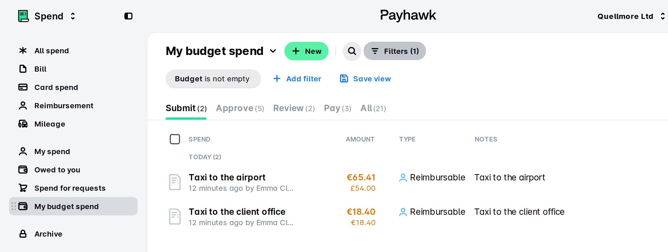 Payhawk Spend with the My budget spend view selected in the left pane and the Budget is not empty filter applied.