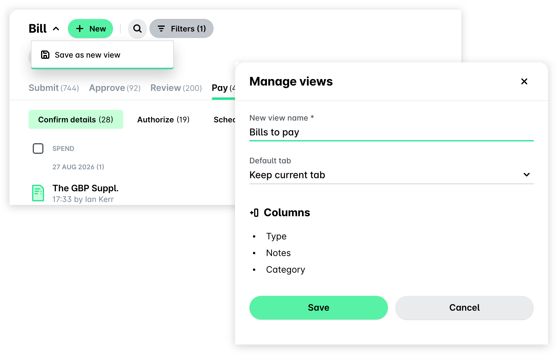 View title drop-down in Payhawk Spend with Save as new view, and the Manage views panel with a new view name, the Default tab field, Save, and Cancel.