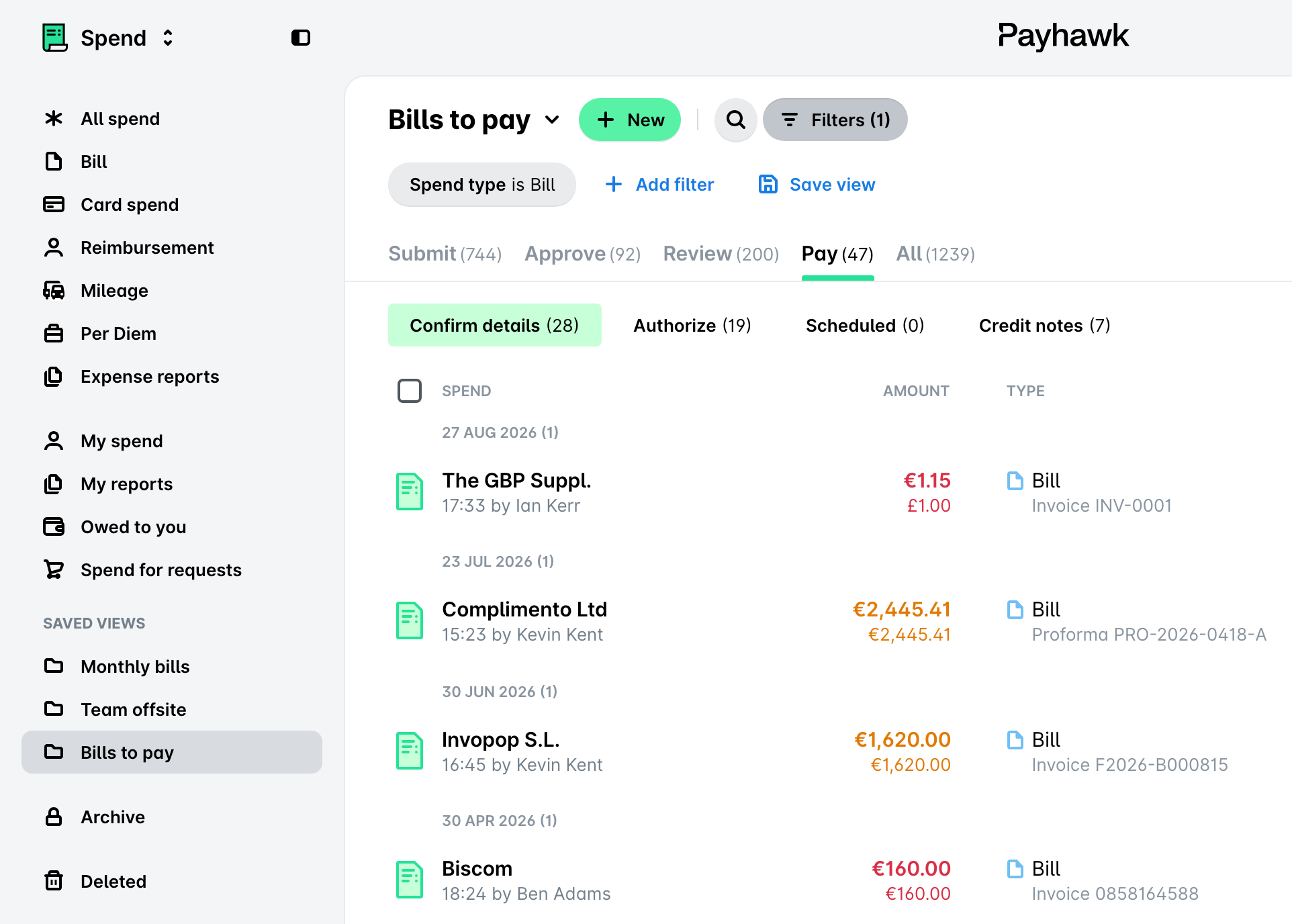 Payhawk Spend left pane with saved views listed under Saved views and one saved view selected.
