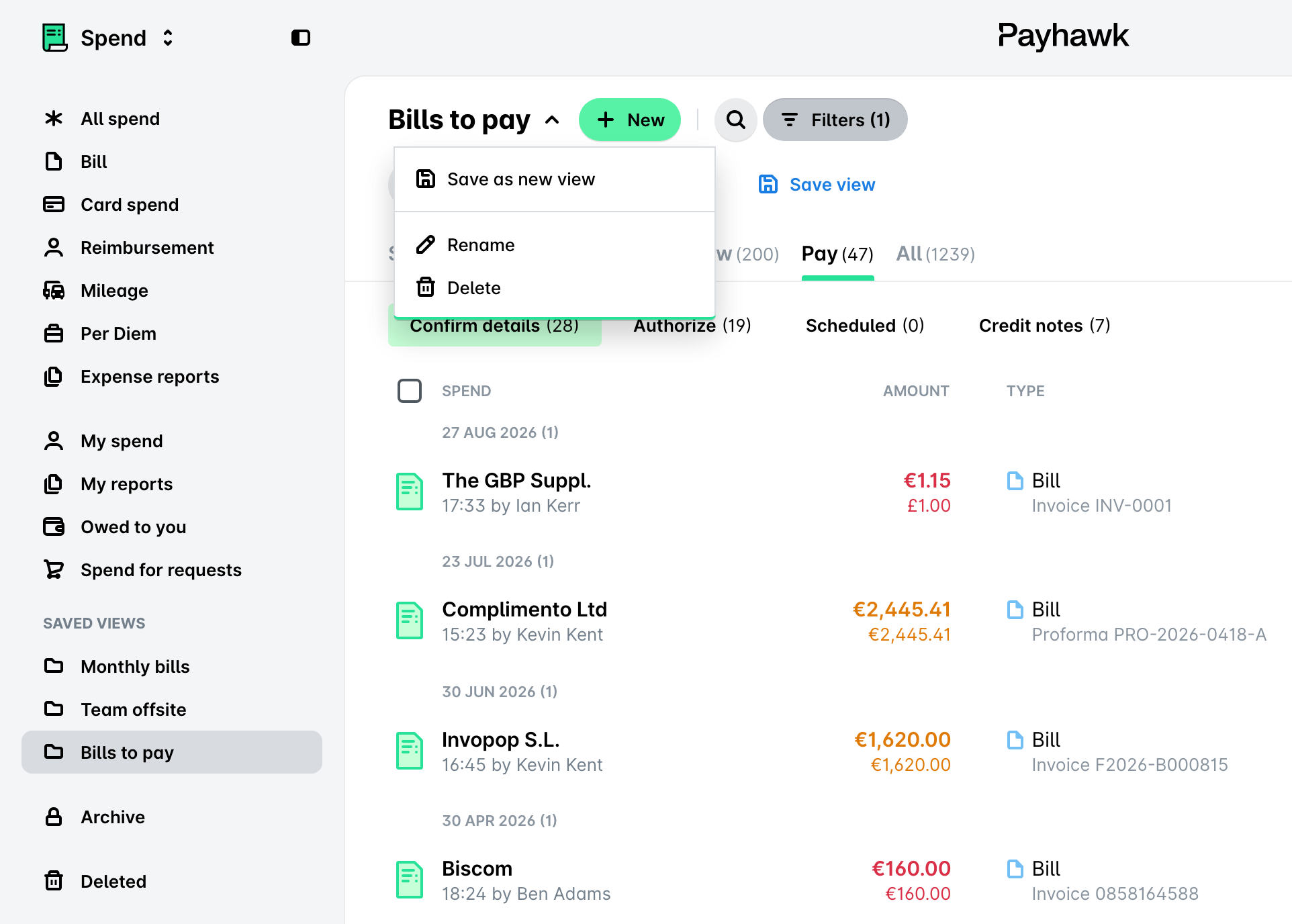 Saved view open in Payhawk Spend with its title drop-down showing Save as new view, Rename, and Delete.