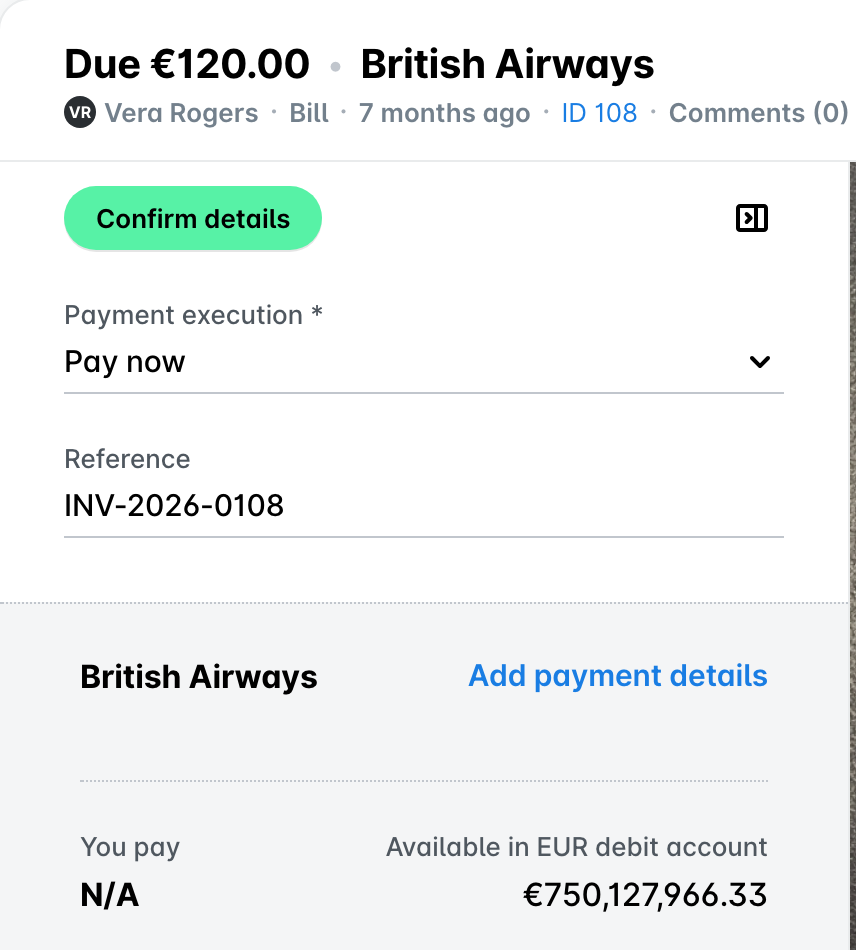 Bill details in Payhawk Spend with the Payment execution field set to Pay now.