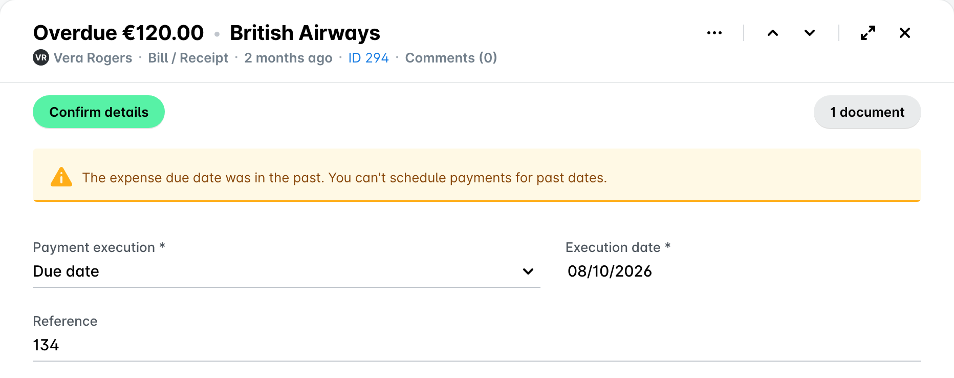 Overdue bill in Payhawk Spend with a past due date warning, Payment execution set to Due date, and the execution date set to today.