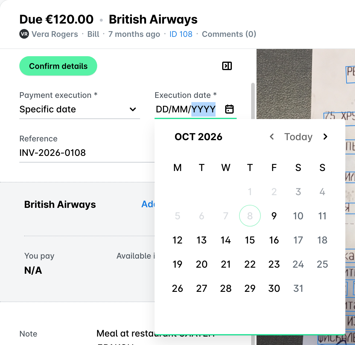 Payment execution set to Specific date with the calendar open and past dates disabled.
