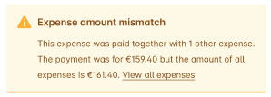 Warning that the amounts of the split expenses no longer match the transaction amount.
