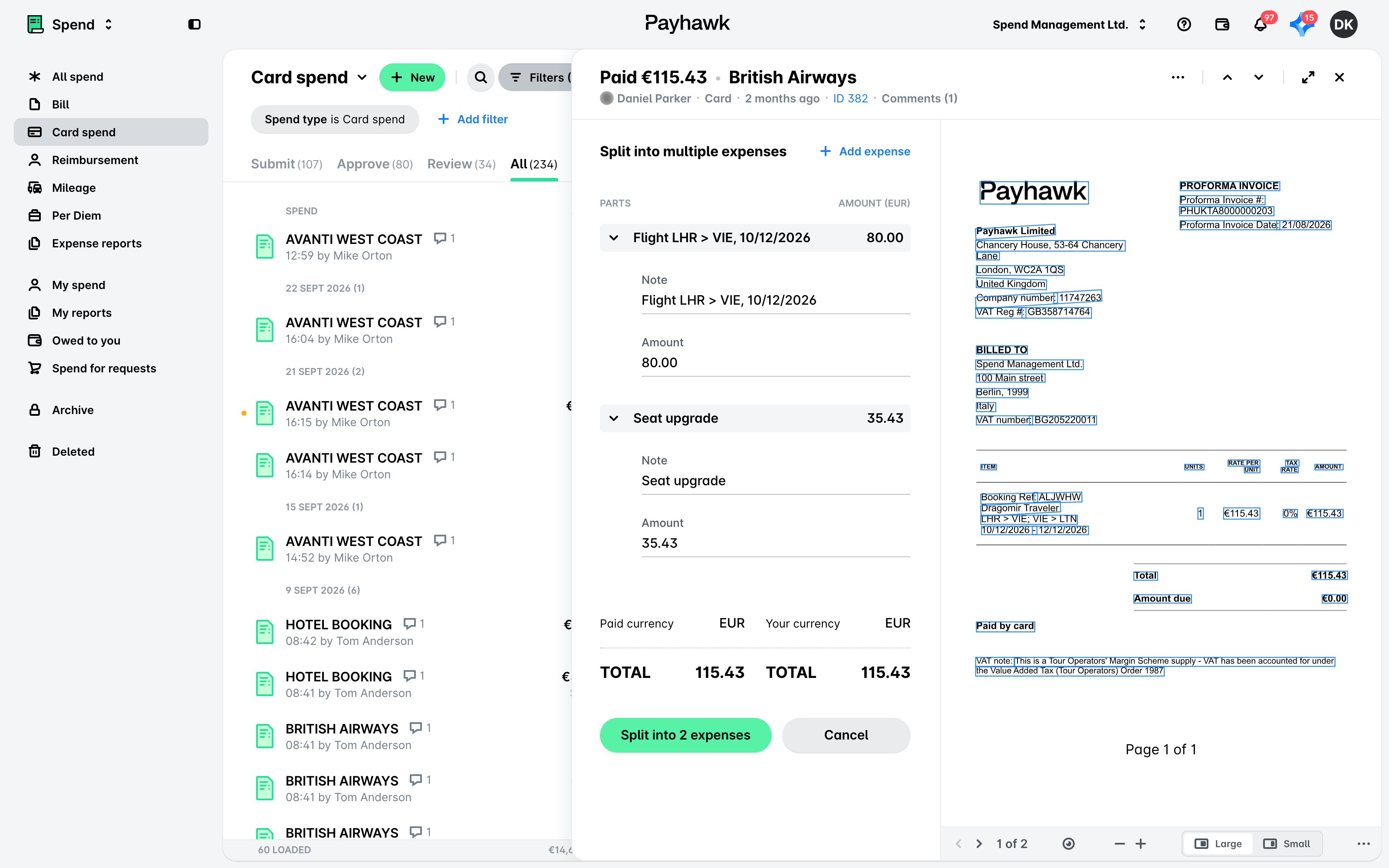 Card expense in Payhawk Spend with the Split into multiple expenses panel open, showing two split expenses, an Add expense button, and the Split into 2 expenses button.