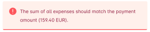 Error shown when the amounts of the split expenses do not add up to the transaction amount.