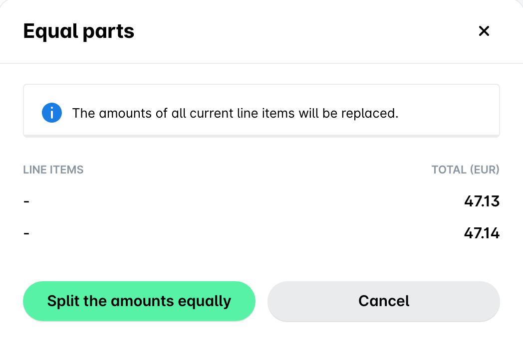 Equal parts panel showing the line items with equal amounts and the Split the amounts equally button.