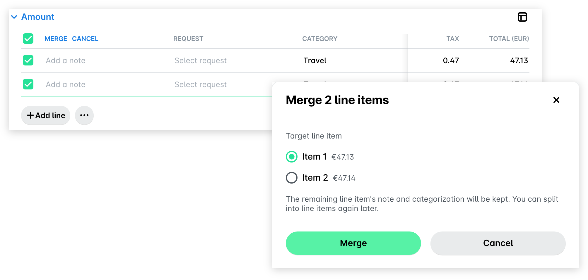 Line items in edit mode with two lines selected and the Merge 2 line items panel with the target line item.