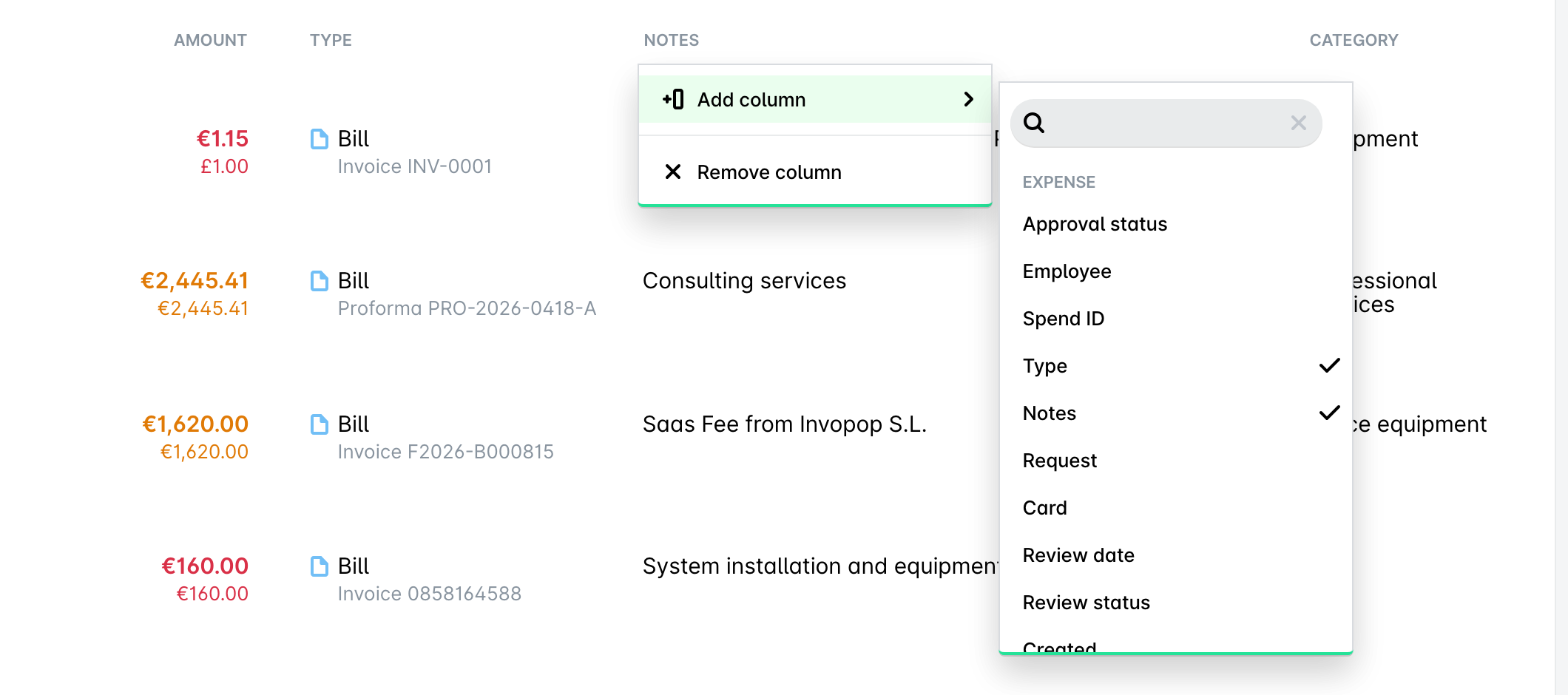 Column header drop-down in the Payhawk Spend data grid with the Add column submenu open, showing a search field and a list of fields.