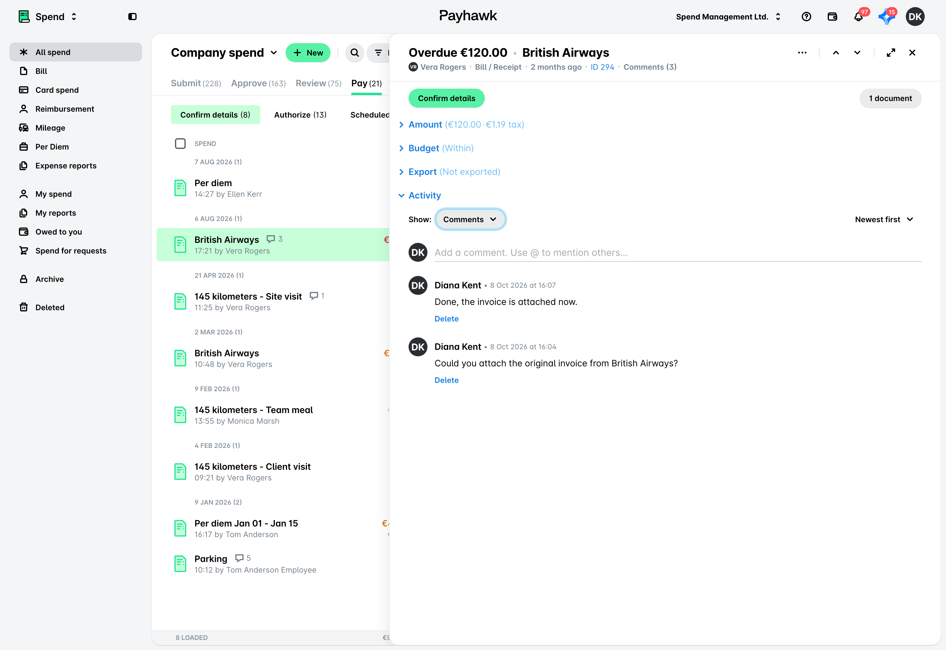 Bill open in Payhawk Spend with its Activity section showing comments and the Show filter set to Comments.