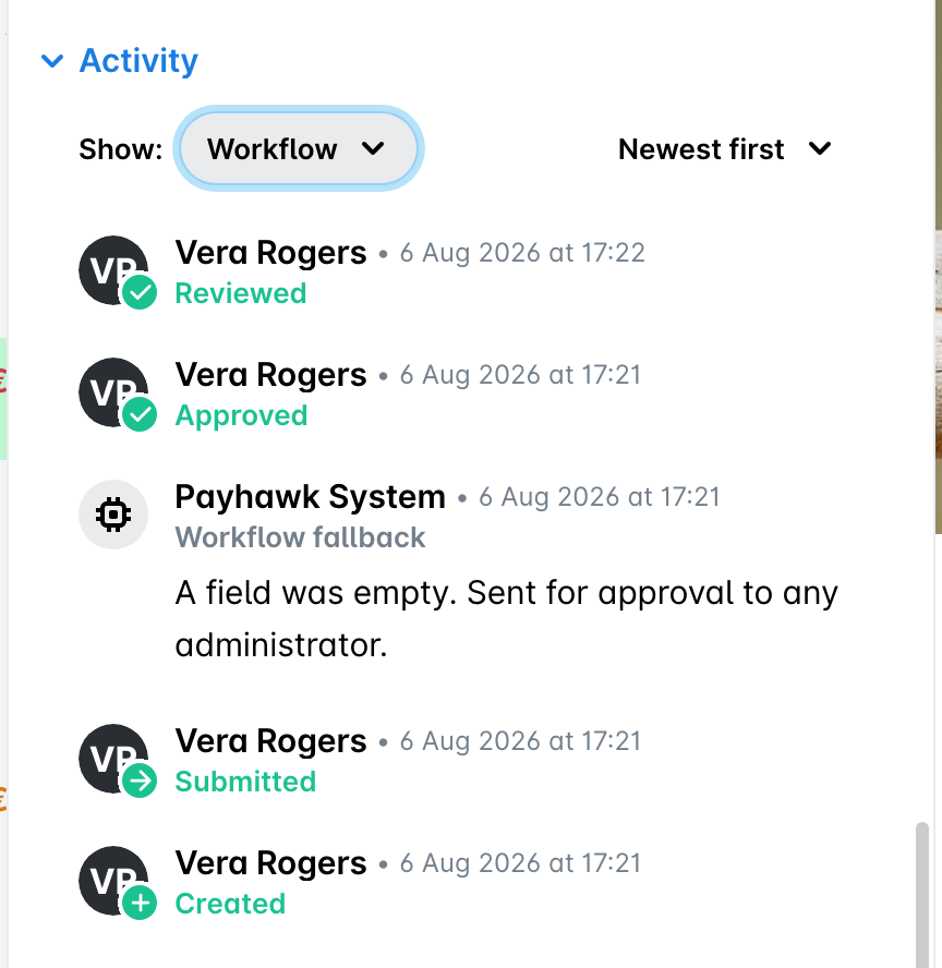 Activity section with the Show filter set to Workflow, listing the expense's workflow steps.