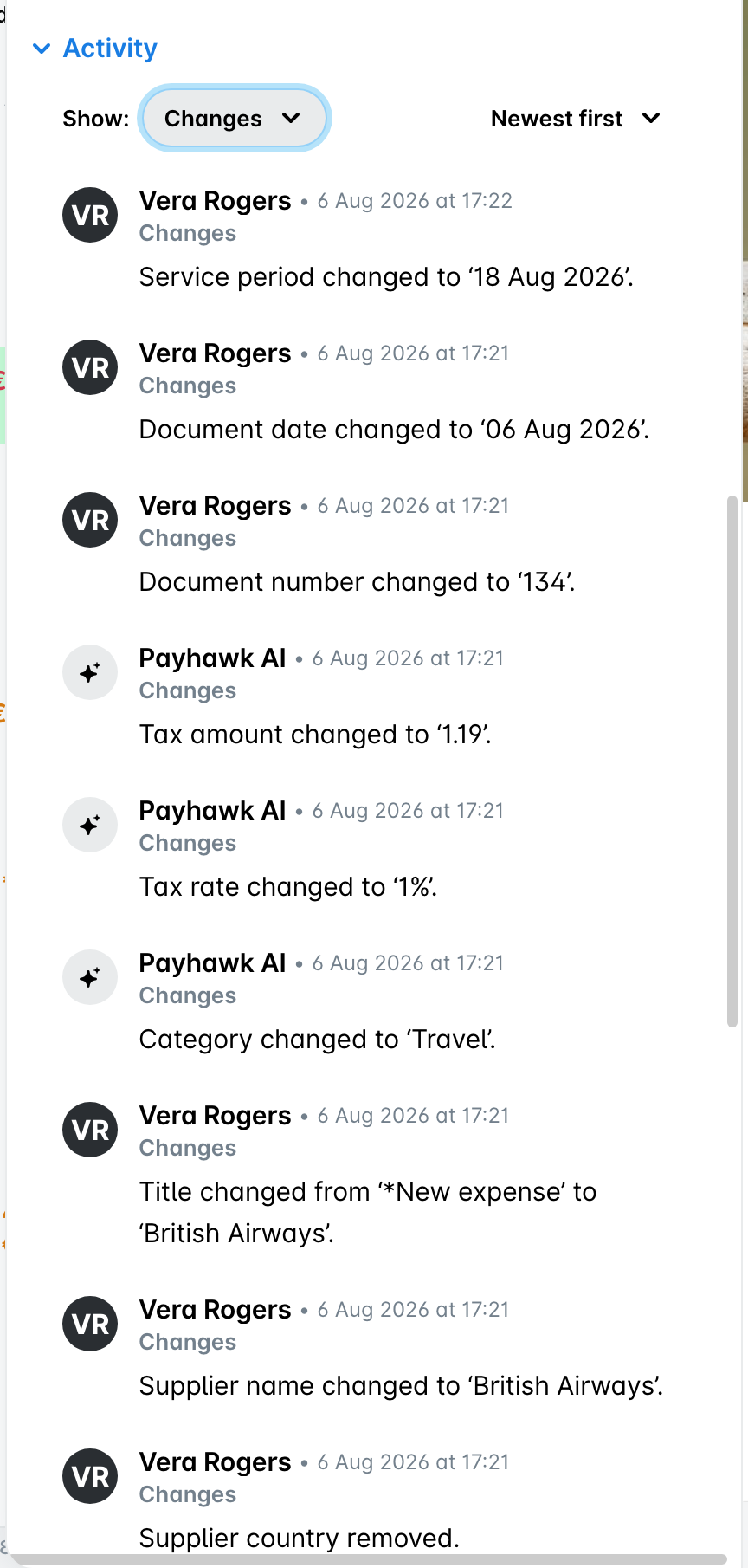Activity section with the Show filter set to Changes, listing the changes made to the expense.