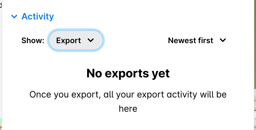 Activity section with the Show filter set to Export, showing that the expense has no exports yet.