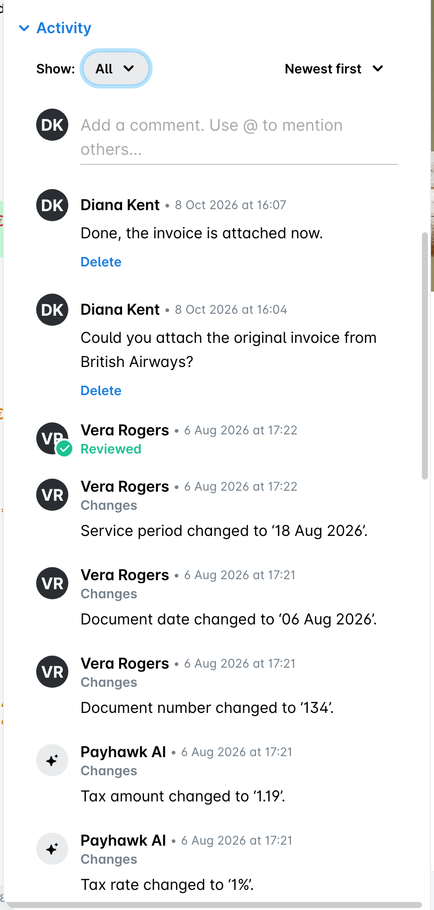 Activity section with the Show filter set to All, listing comments, workflow steps, and changes together.