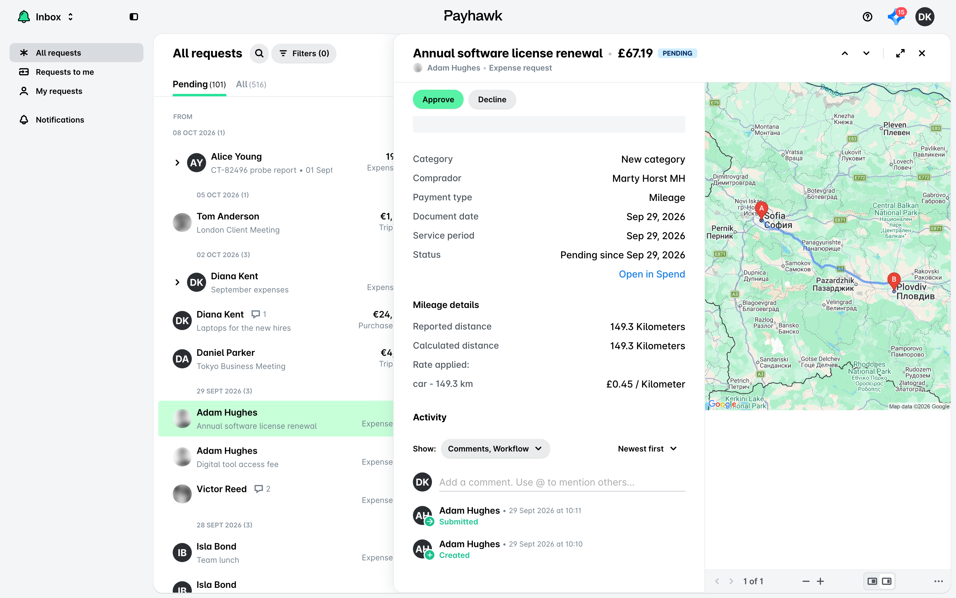 Payhawk Inbox with an item open and its Activity section shown.