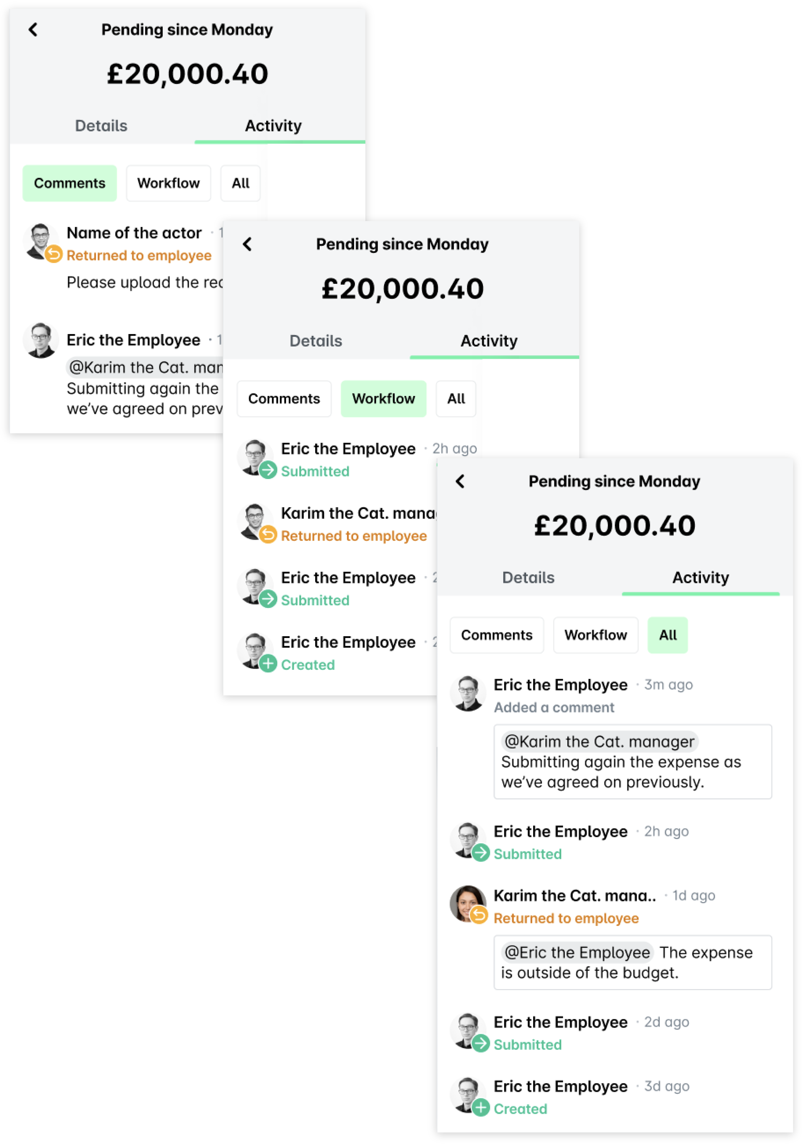 Three Payhawk mobile app screens showing an expense's Activity with the Comments, Workflow, and All tabs.
