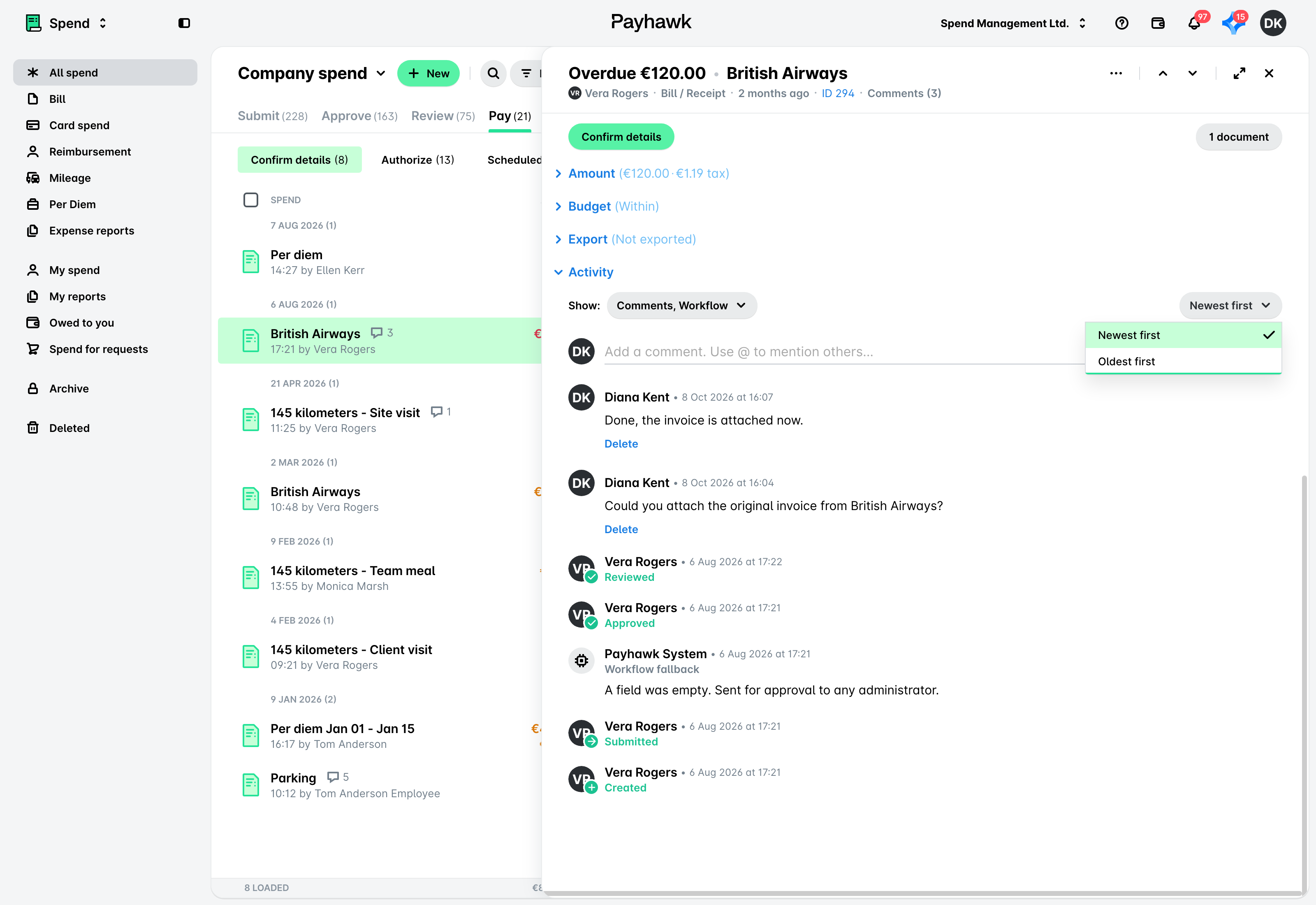 Bill open in Payhawk Spend with the Activity sort drop-down showing Newest first and Oldest first.