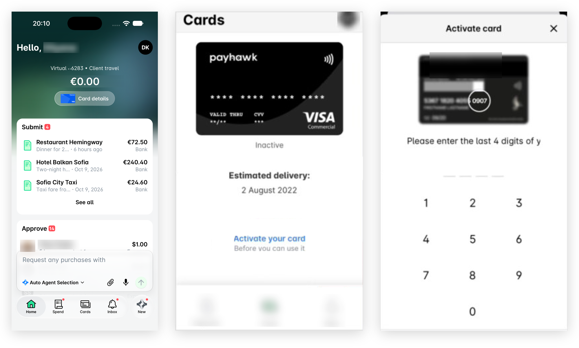 The Payhawk Mobile App Home screen, an inactive card with the Activate your card option, and the Activate card screen asking for the last four digits.