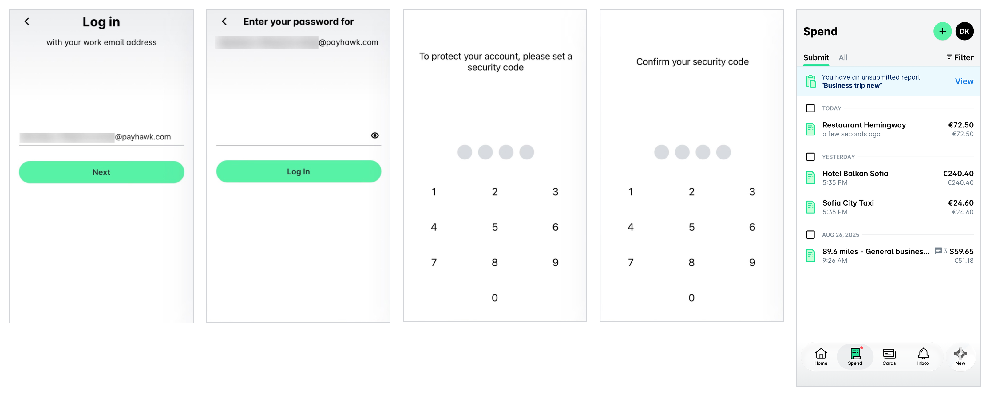 Logging in to the mobile app: the email and password screens, setting and confirming the security code, and the Spend screen.
