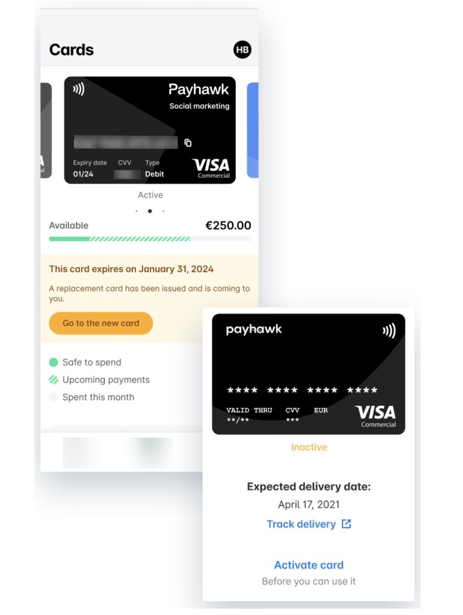 The Cards screen in the mobile app with the expiring card and the Go to the new card button, and the new card with Track delivery and Activate card.
