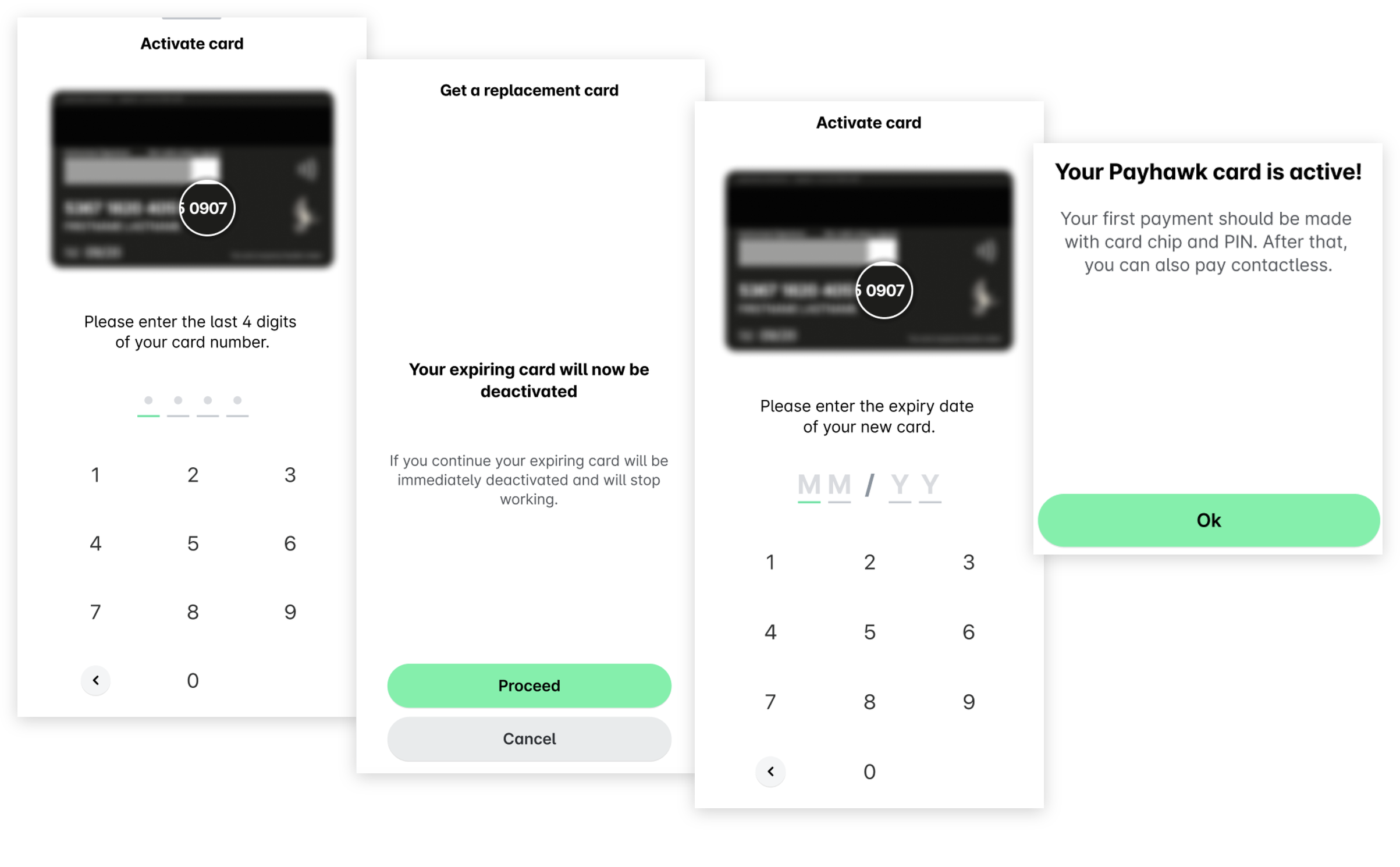 The mobile app activation flow: entering the last 4 digits of the new card, the deactivation warning with Proceed, entering the expiry date, and the card is active confirmation.