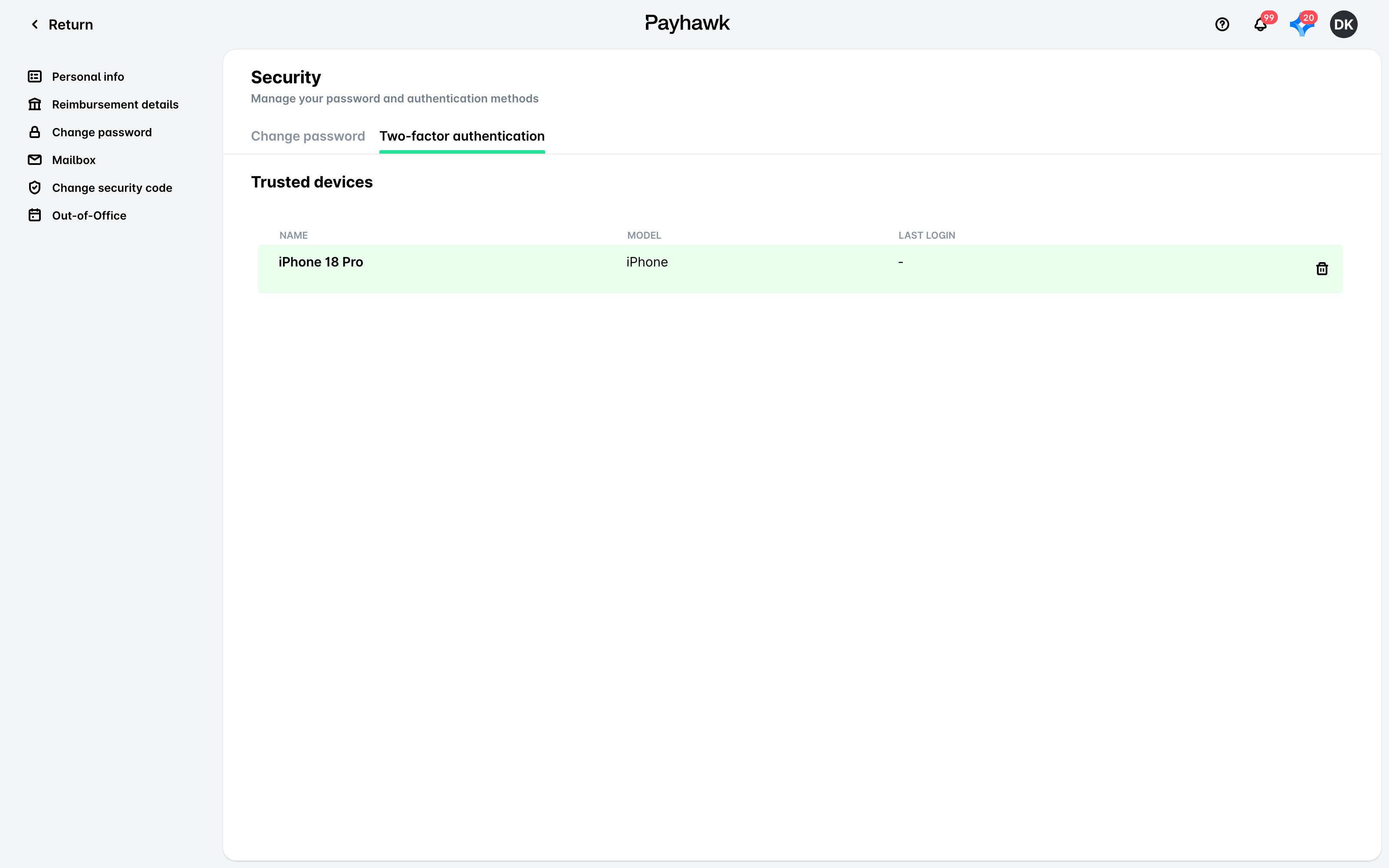 The Trusted devices table on the Two-factor authentication tab with a device row hovered to show the trash icon.