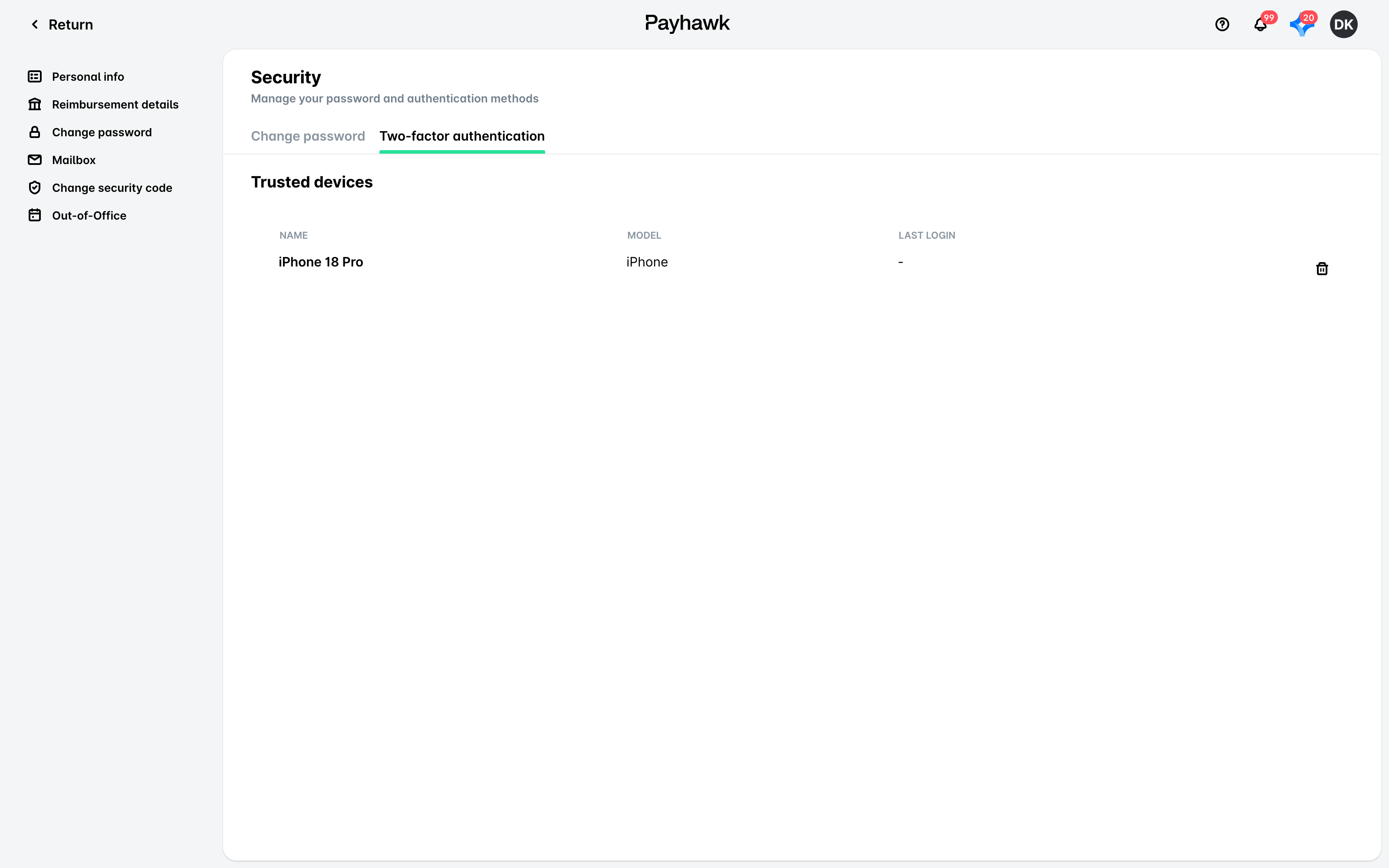 The Security page on the Two-factor authentication tab showing the Trusted devices table.