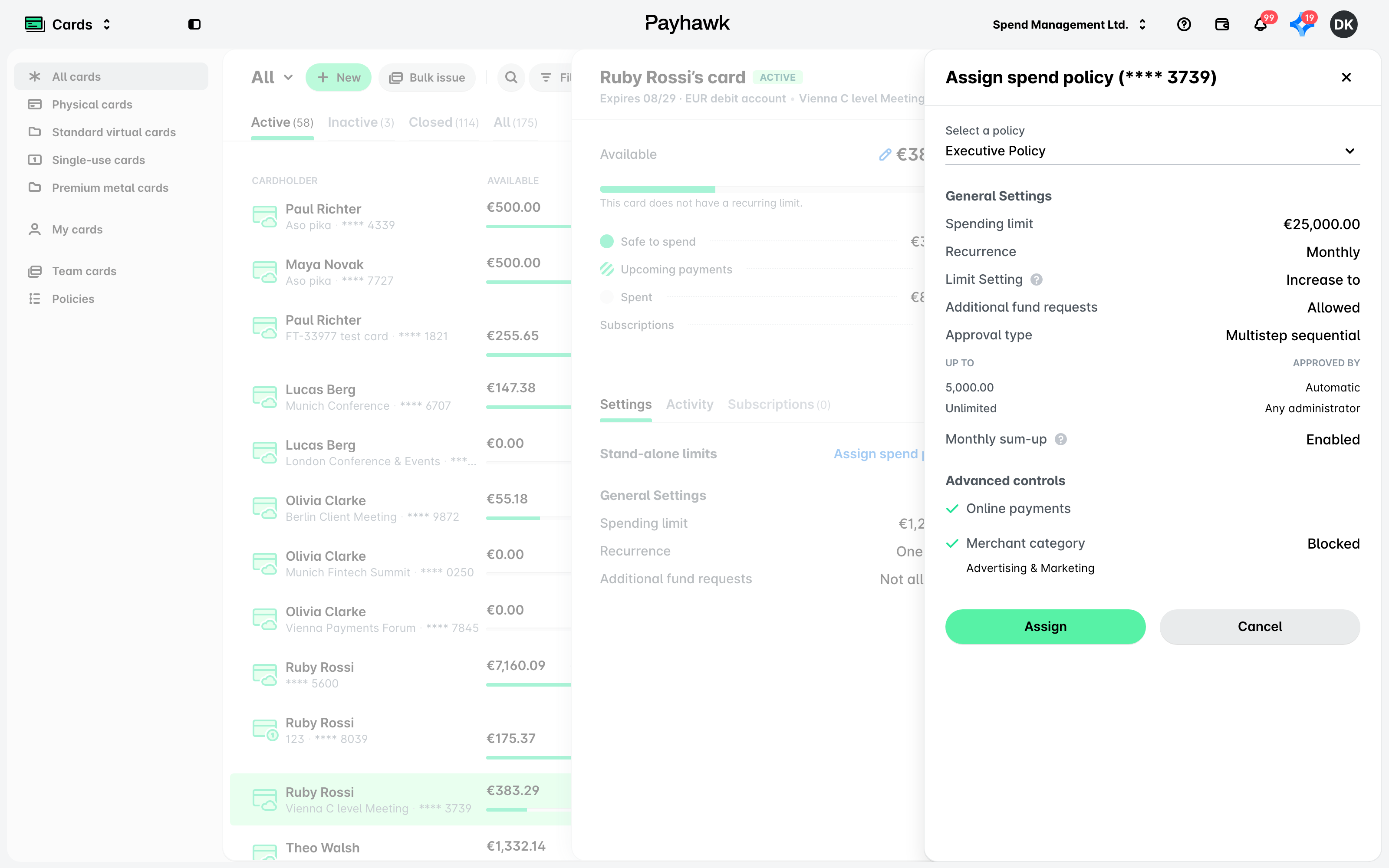 The Assign spend policy panel for a card with Executive Policy selected, showing its general settings and advanced controls.