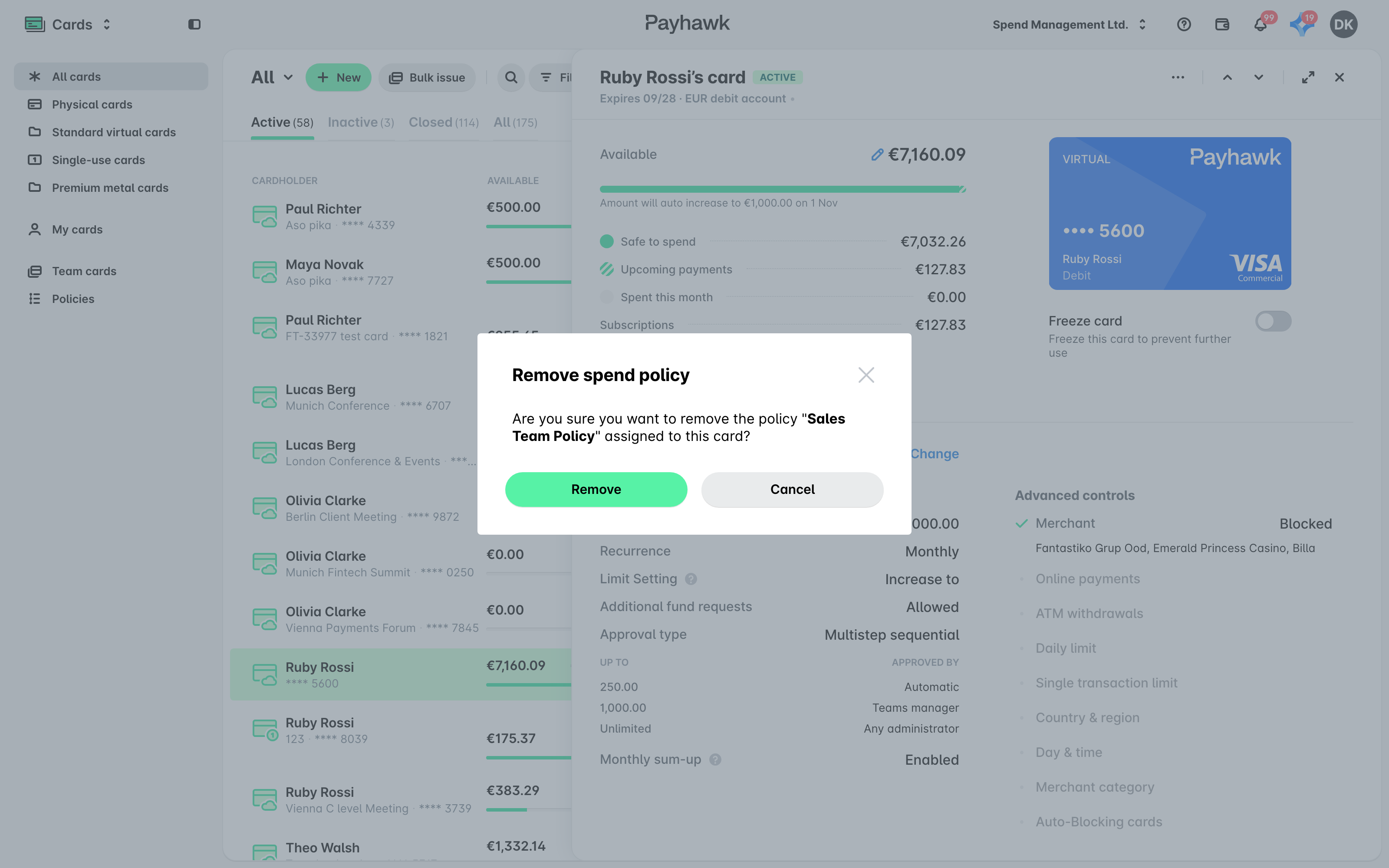 The Remove spend policy confirmation dialog on a card record.
