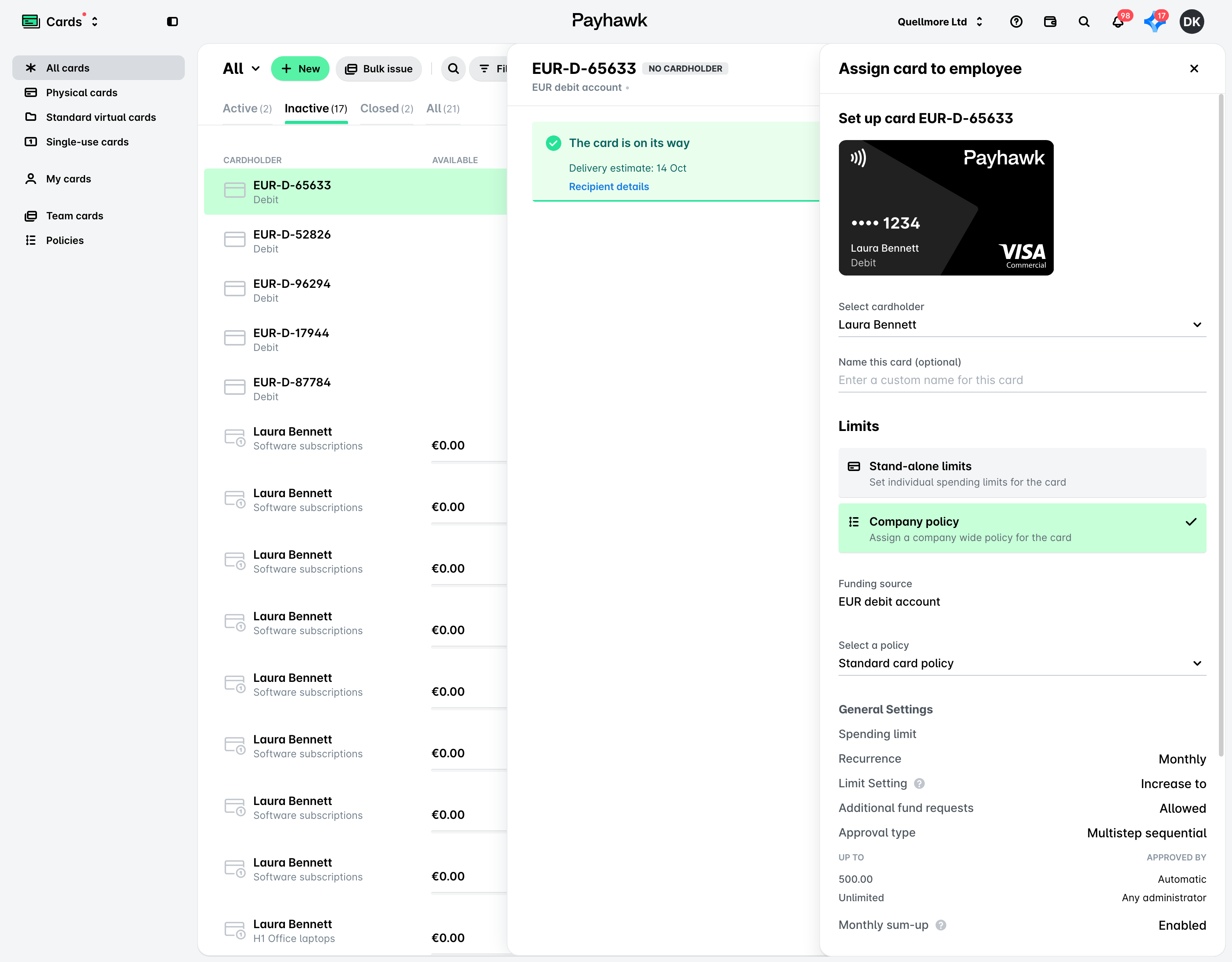 The Inactive tab of the Cards app with a pre-order card selected and the Assign card to employee panel open, with a cardholder selected.
