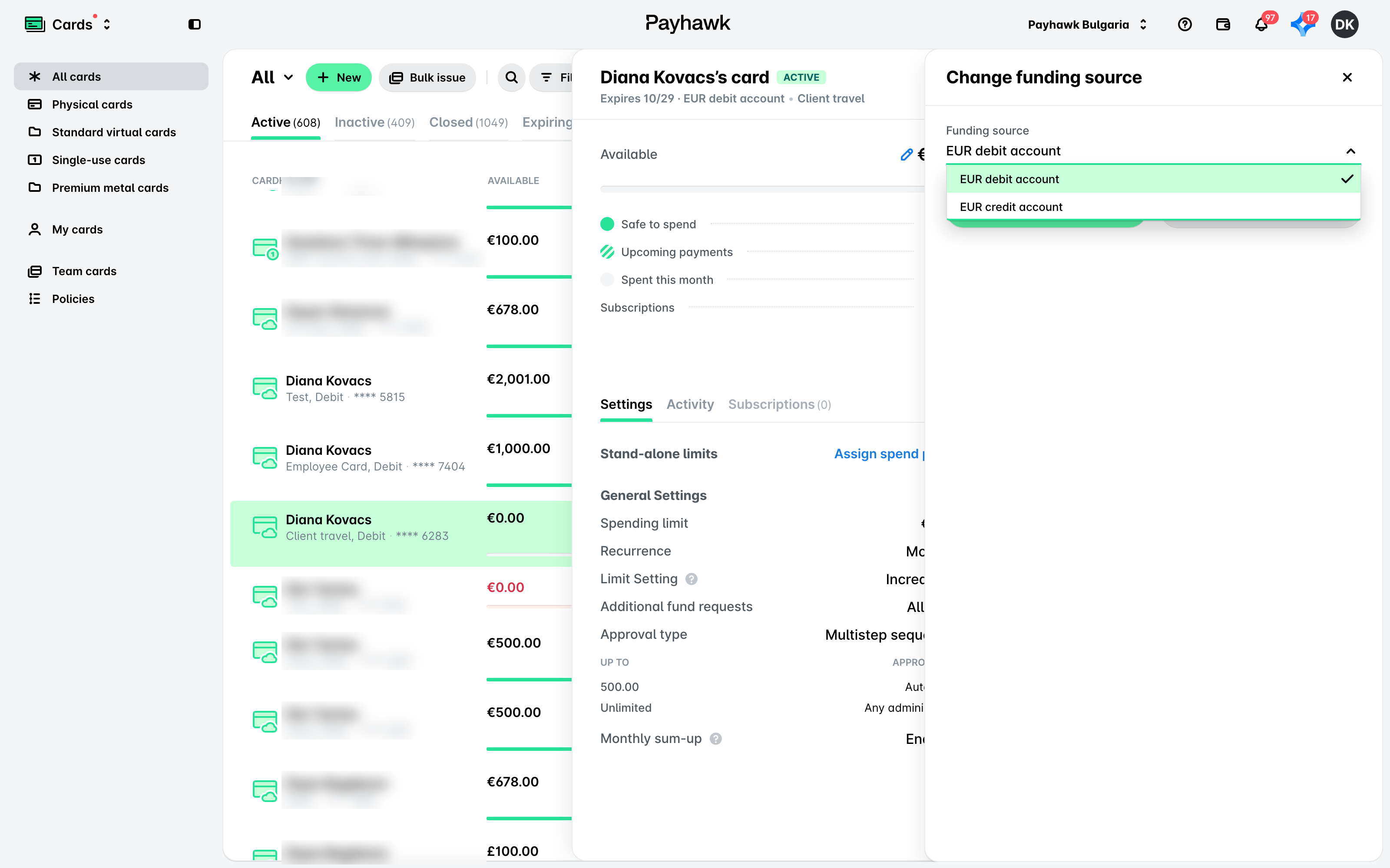 The Change funding source dialog for an employee card in the Cards app, with the account drop-down open.