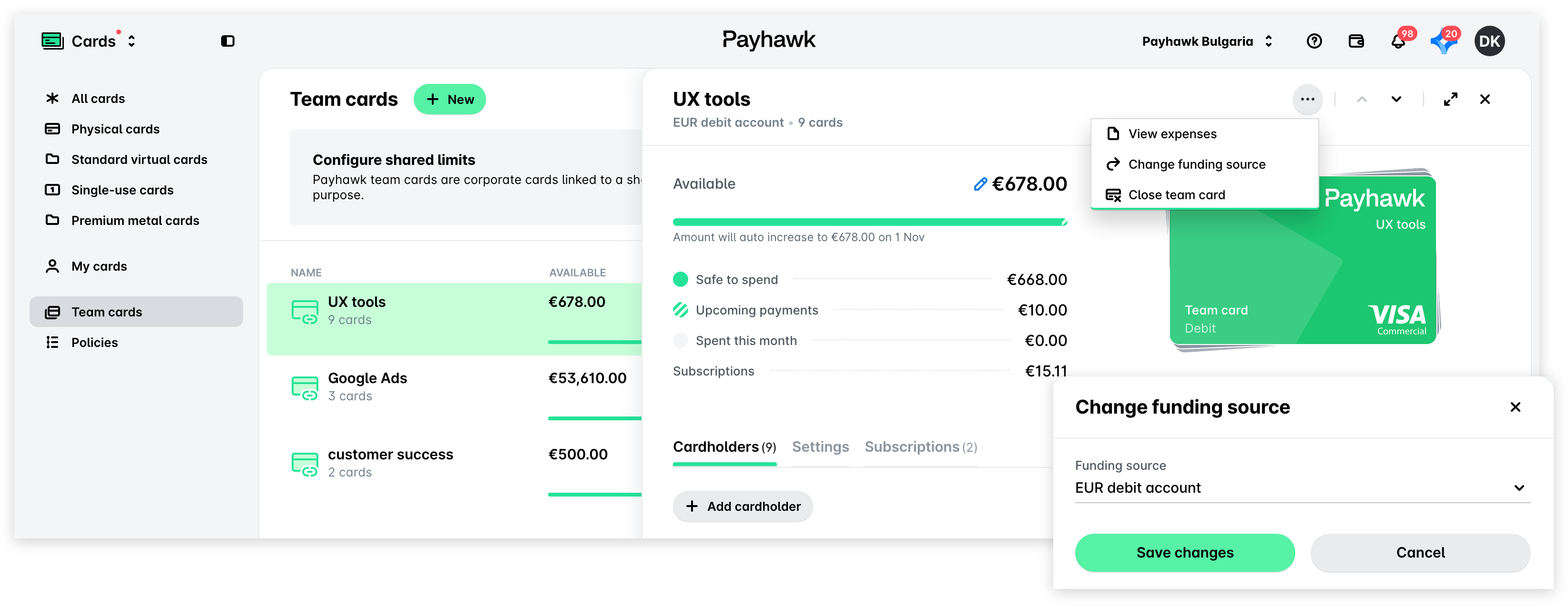 A team card open in Cards, Team cards with its three-dot menu showing Change funding source, and the Change funding source panel with the Funding source drop-down and Save changes.