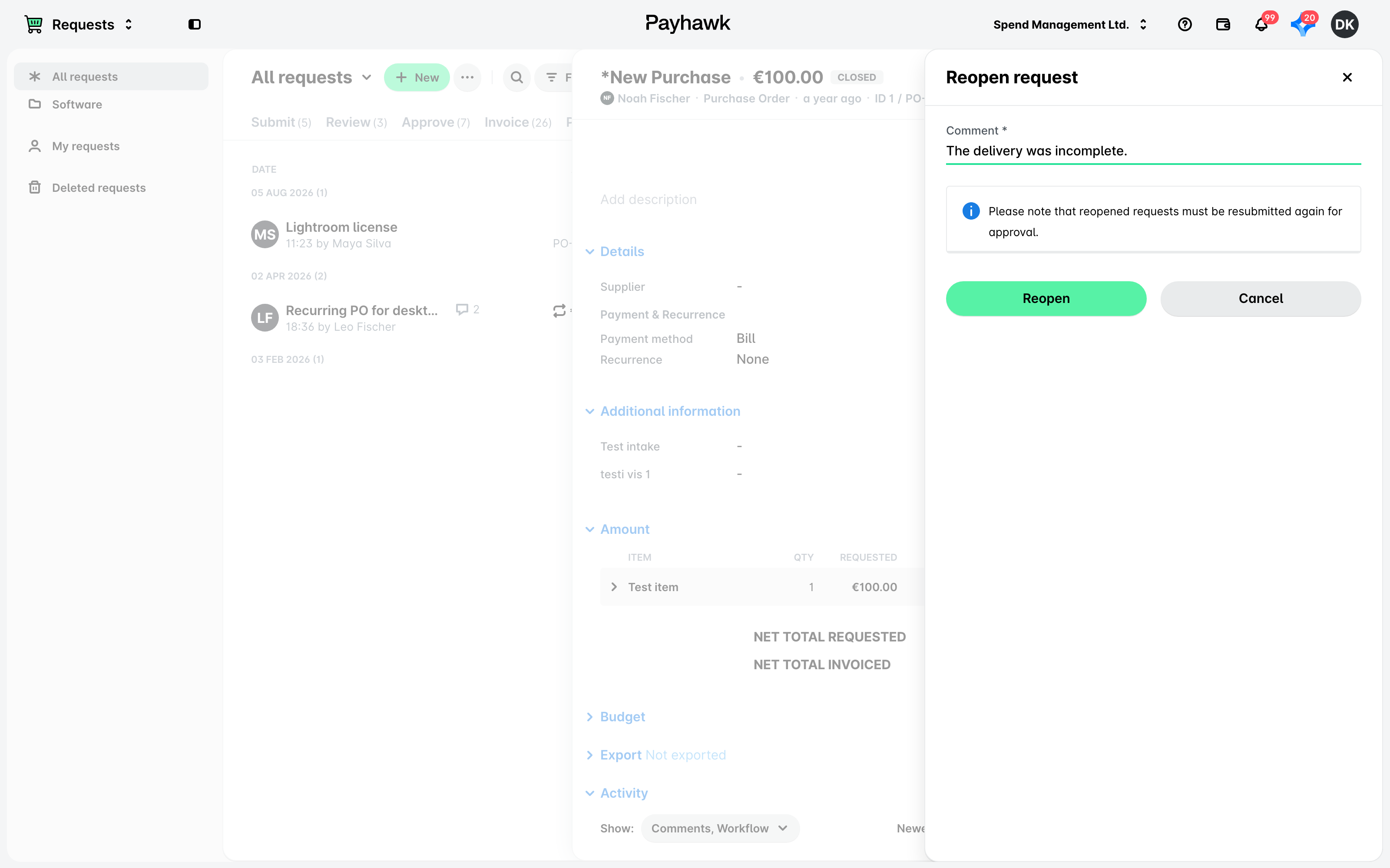 El panel para reabrir una solicitud con un comentario escrito.