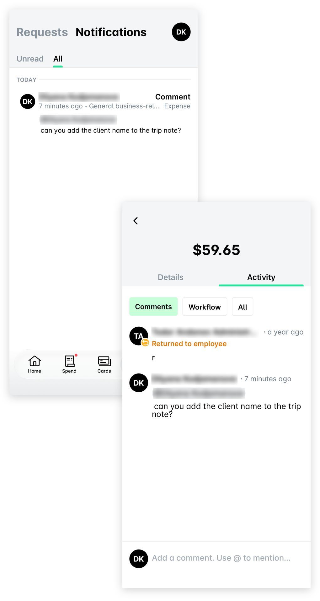 The Notifications tab of the Inbox in the mobile app with a comment mention, and the expense Activity tab with the comment thread.