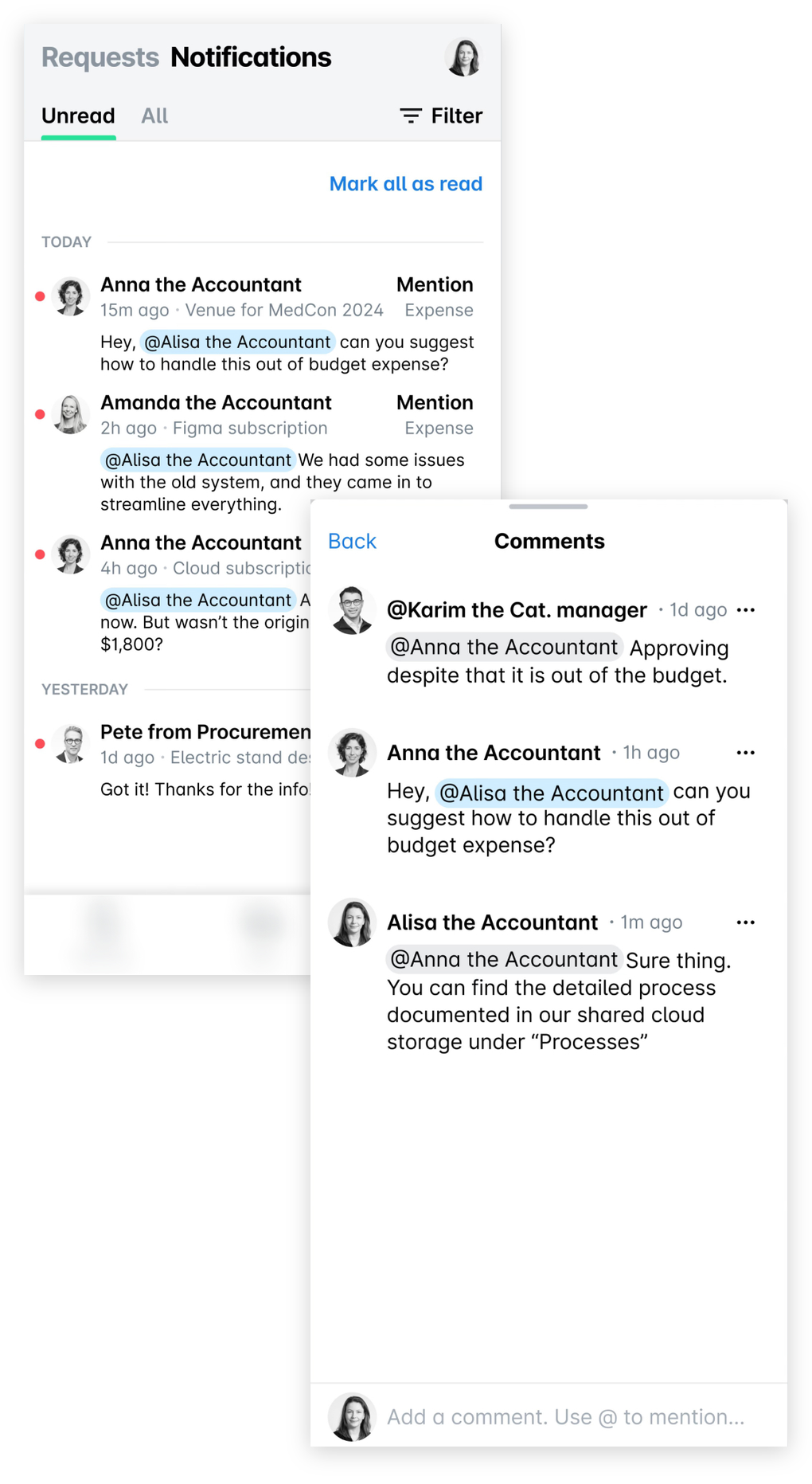 The Notifications tab of the Inbox in the mobile app with mentions on teammates' expenses, and the Comments thread opened from one of them.
