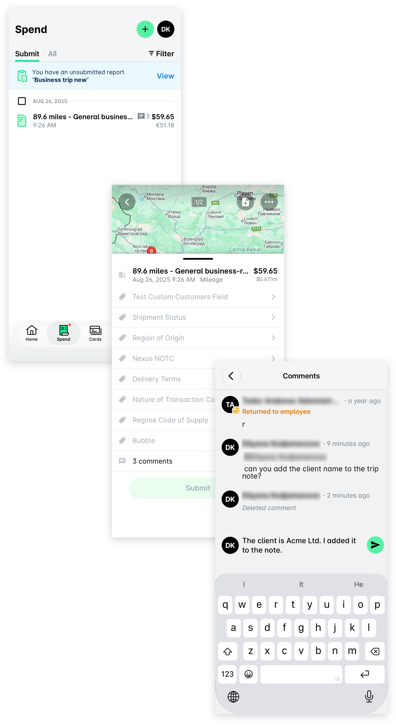 The Spend list in the mobile app, an expense with its comments link, and a reply typed in the Comments thread.