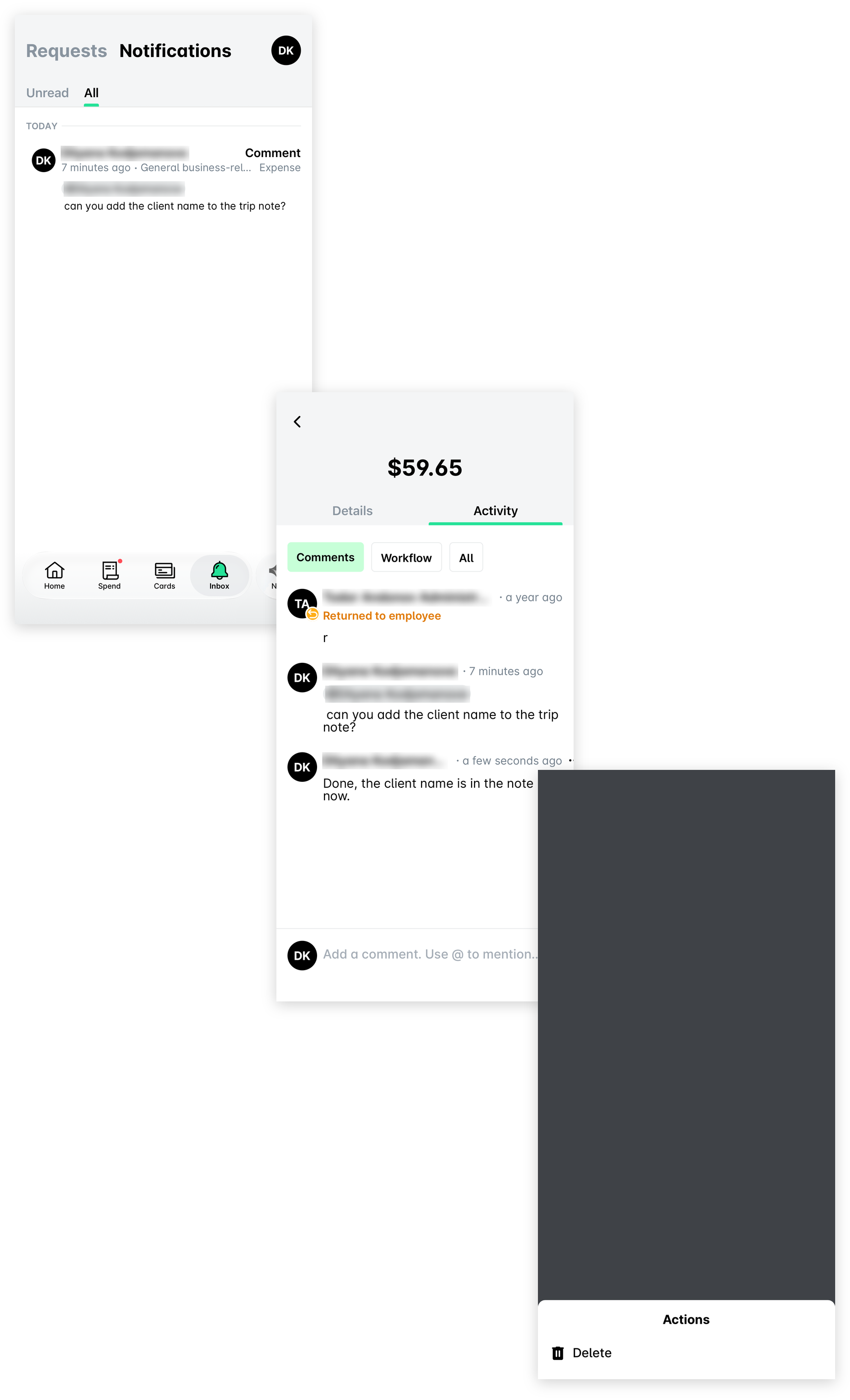 Inbox notifications in the mobile app, the comment thread with a posted comment and its three-dot menu, and the Actions sheet with Delete.