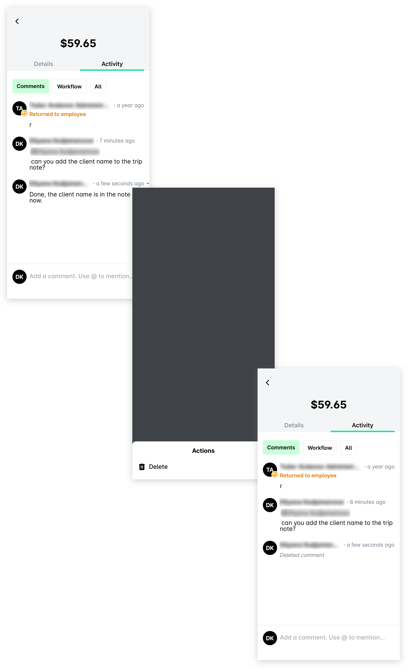 The Activity tab in the mobile app with a posted comment, the Actions sheet with Delete, and the comment shown as Deleted comment.