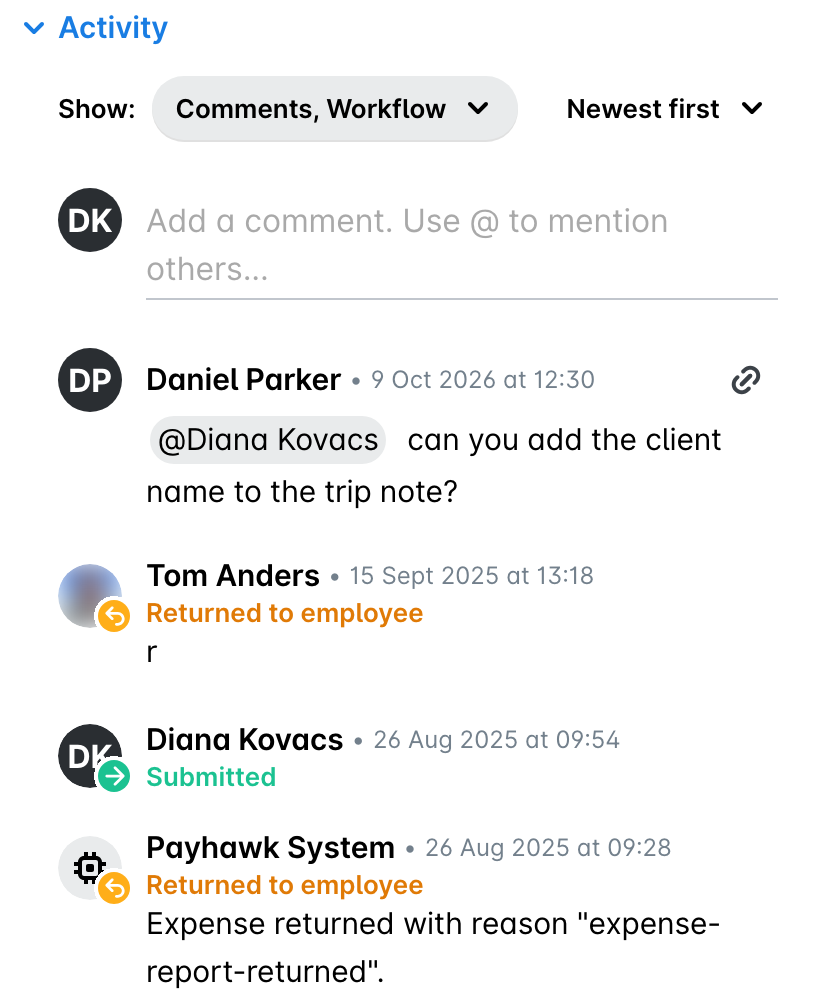 The Activity section of an expense in the portal, with the Copy link to comment icon shown when hovering over a comment.
