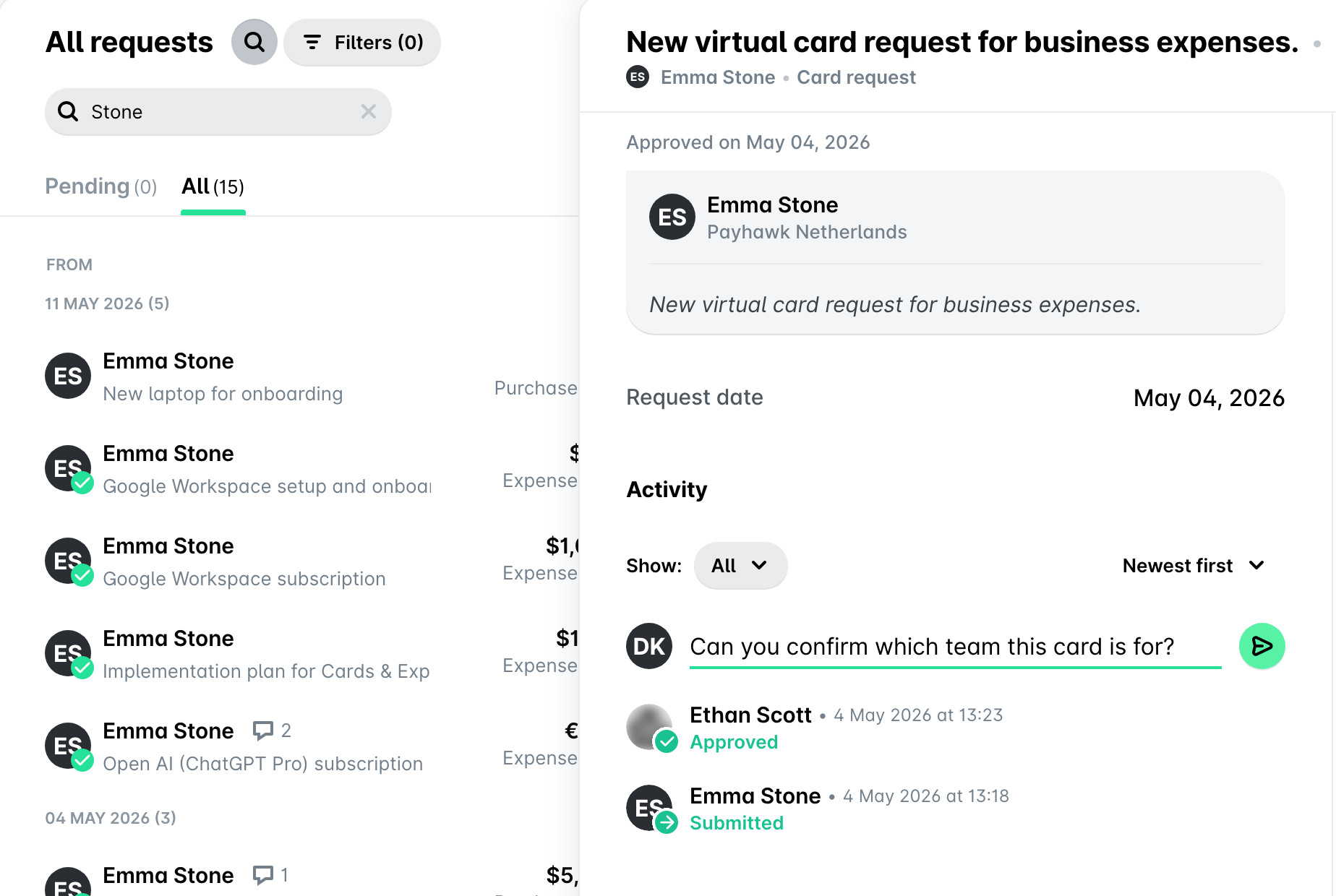 Inbox All requests with a card request open in a side panel and a comment typed in its Activity section.