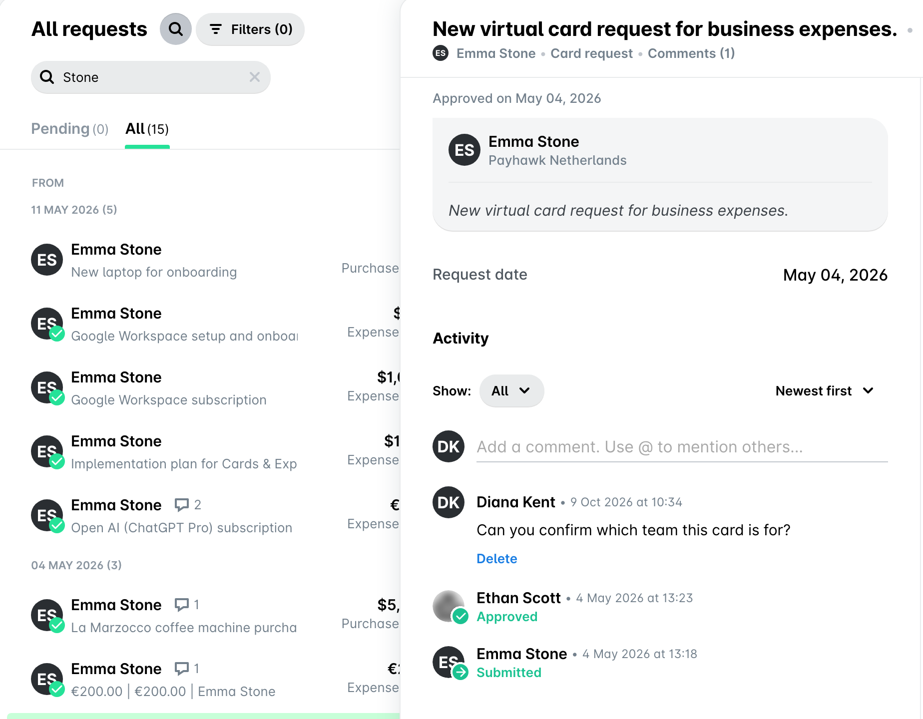 Card request open from Inbox All requests, with a posted comment and its Delete link in the Activity section.
