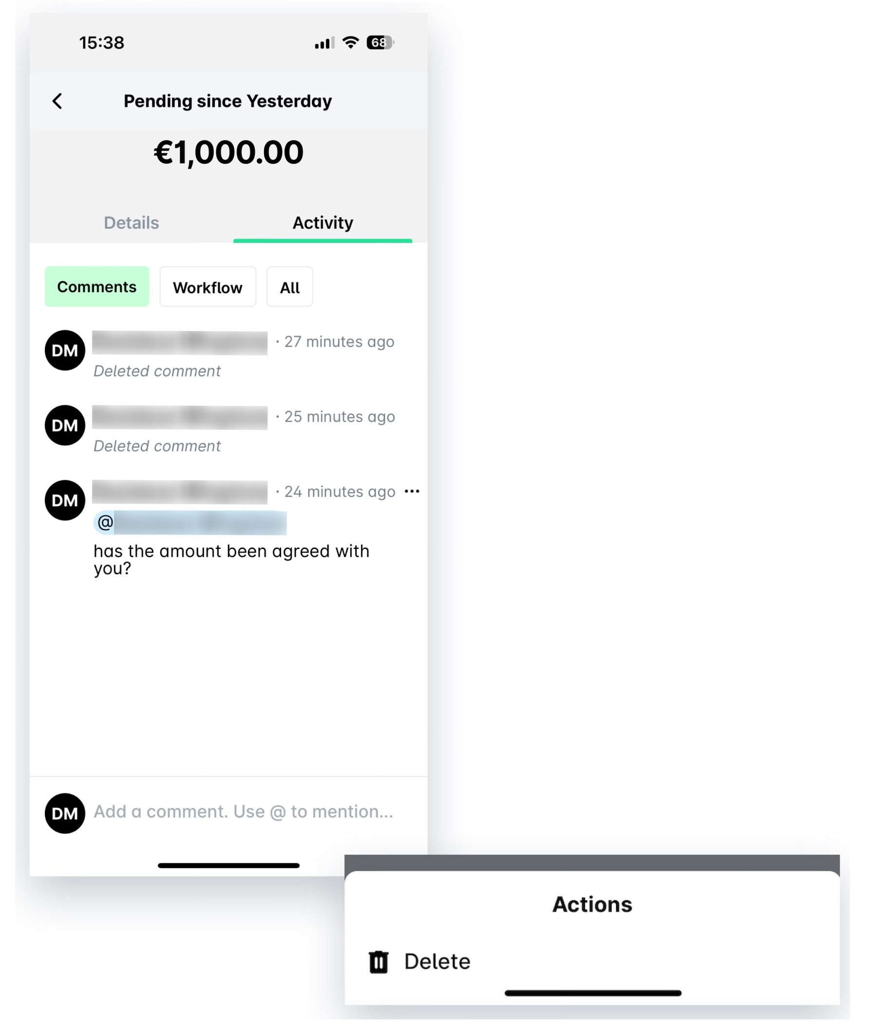 Mobile app request Activity on the Comments tab, with a comment's three-dot menu and the Actions sheet showing Delete.