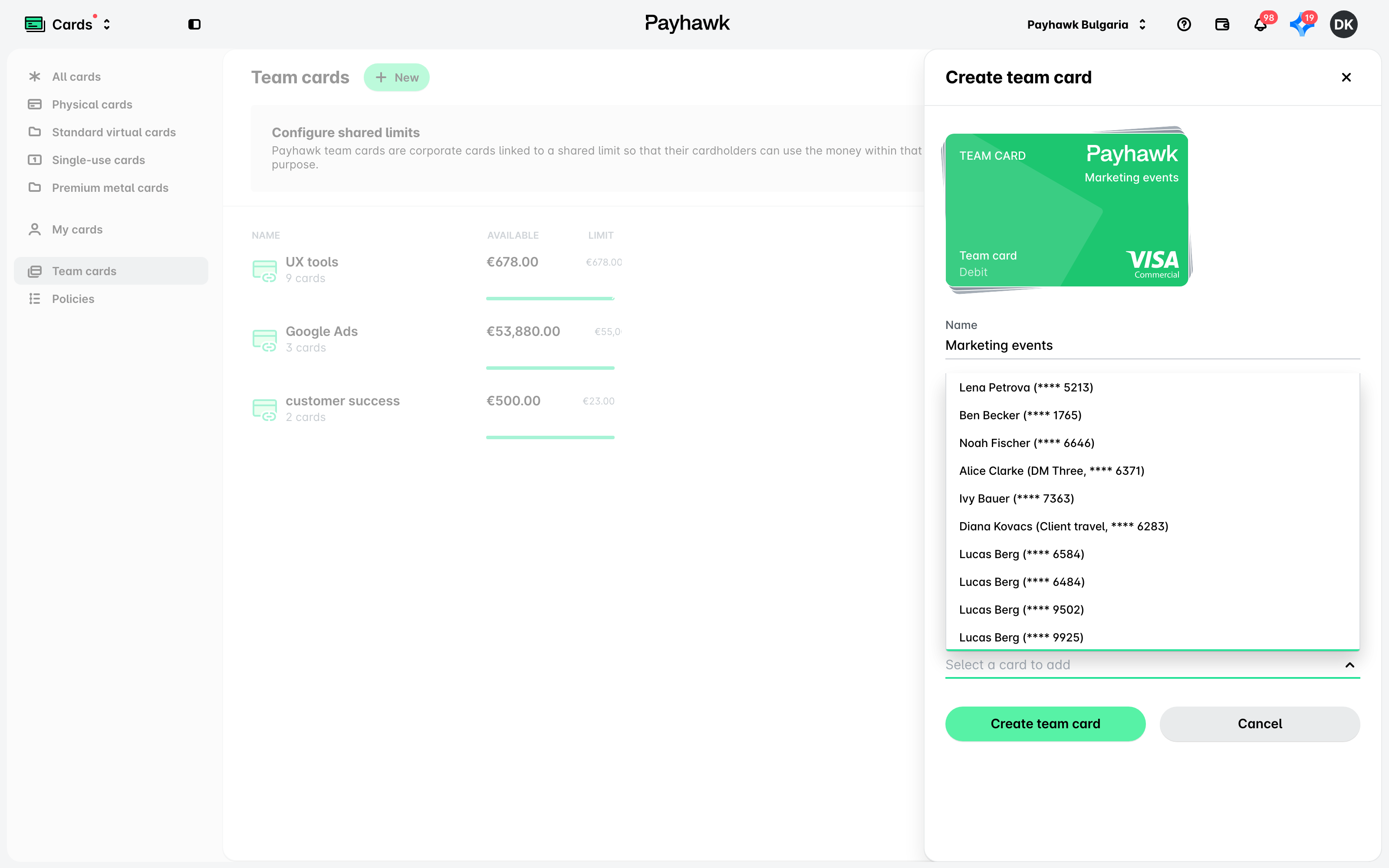The Create team card panel with Link existing cards selected and the list of existing cards open.