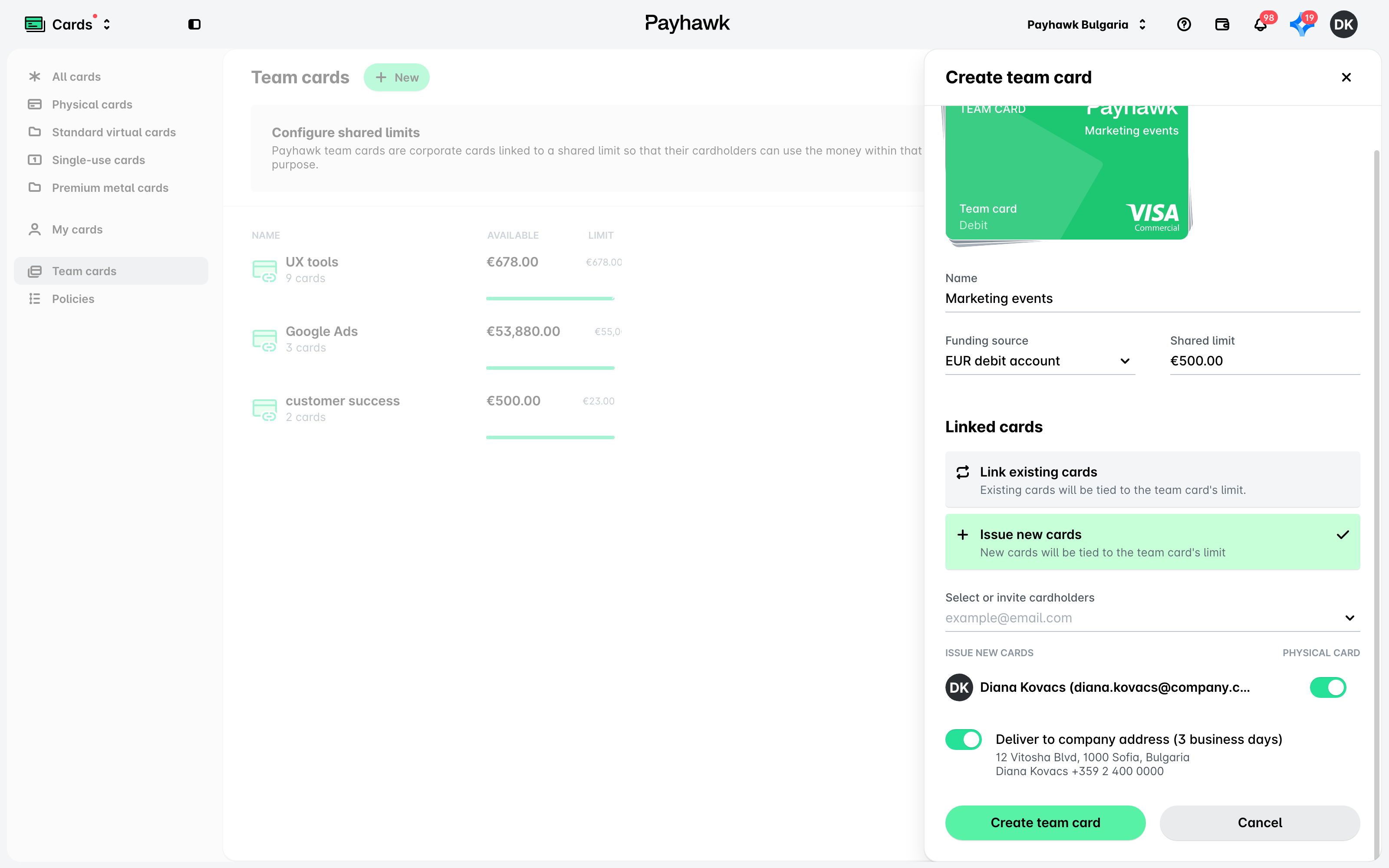 The Create team card panel with Issue new cards selected, a cardholder added and Physical card switched on.