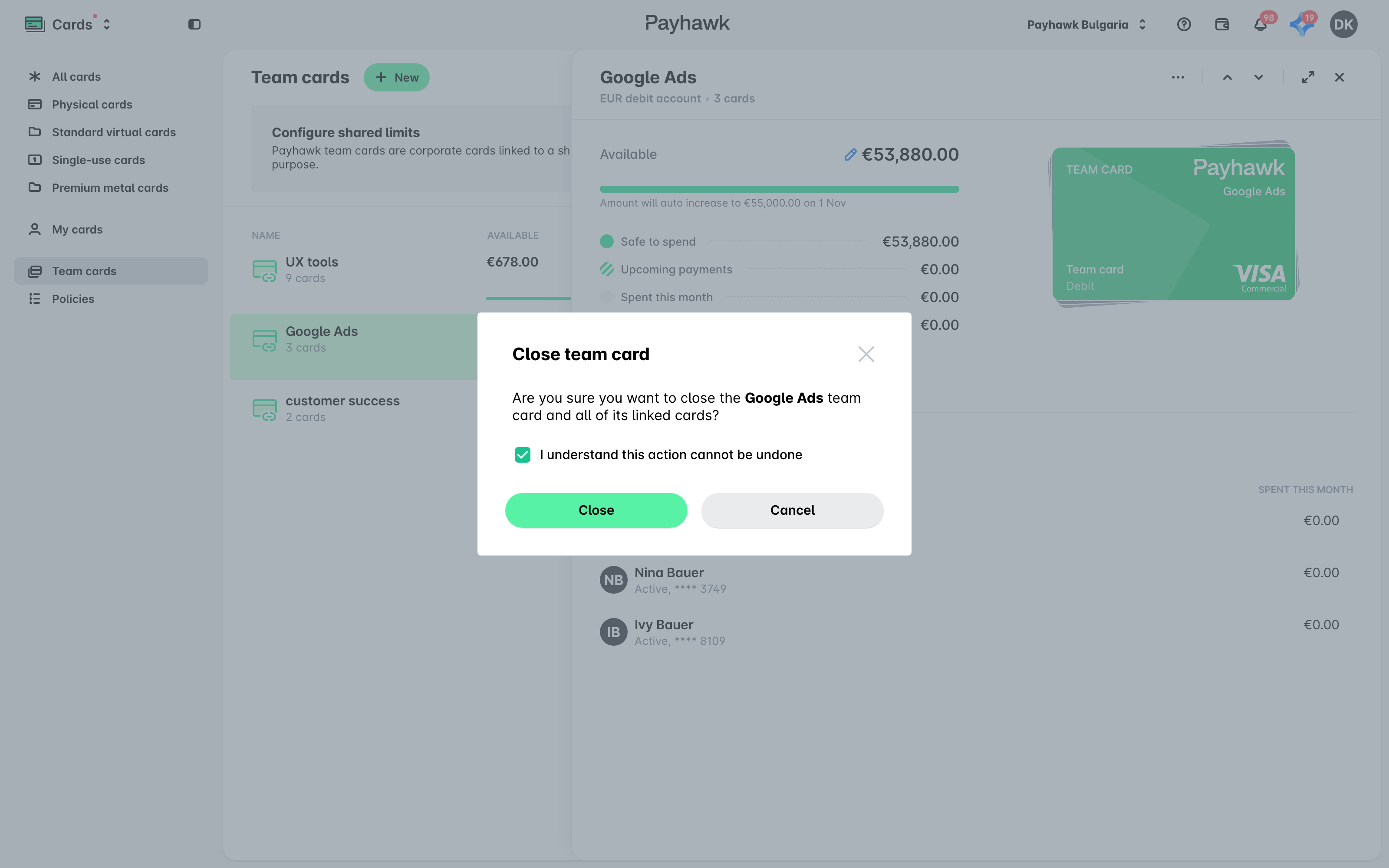 The Close team card dialog with the confirmation checkbox selected.