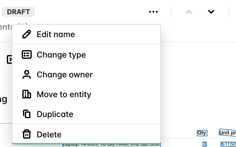 Le menu à trois points d'une demande avec Modifier le nom, Changer de type, Changer de propriétaire, Déplacer vers l'entité, Dupliquer et Supprimer.