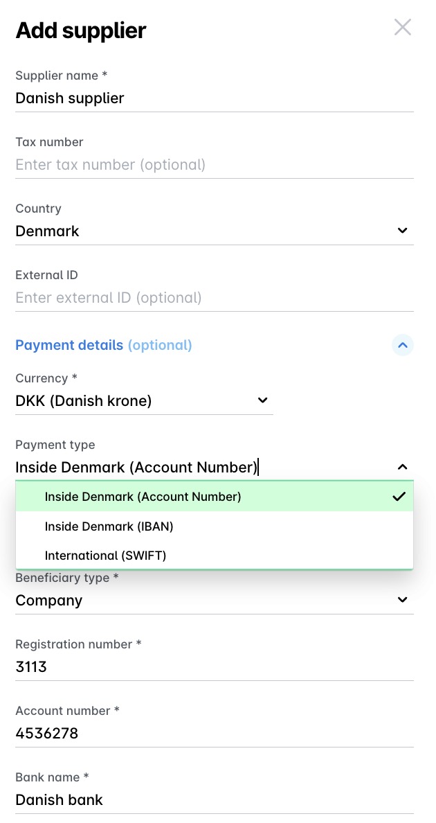 The Add supplier panel for a Danish supplier, with DKK currency and the Inside Denmark (Account Number) payment type selected, and registration and account numbers filled in.