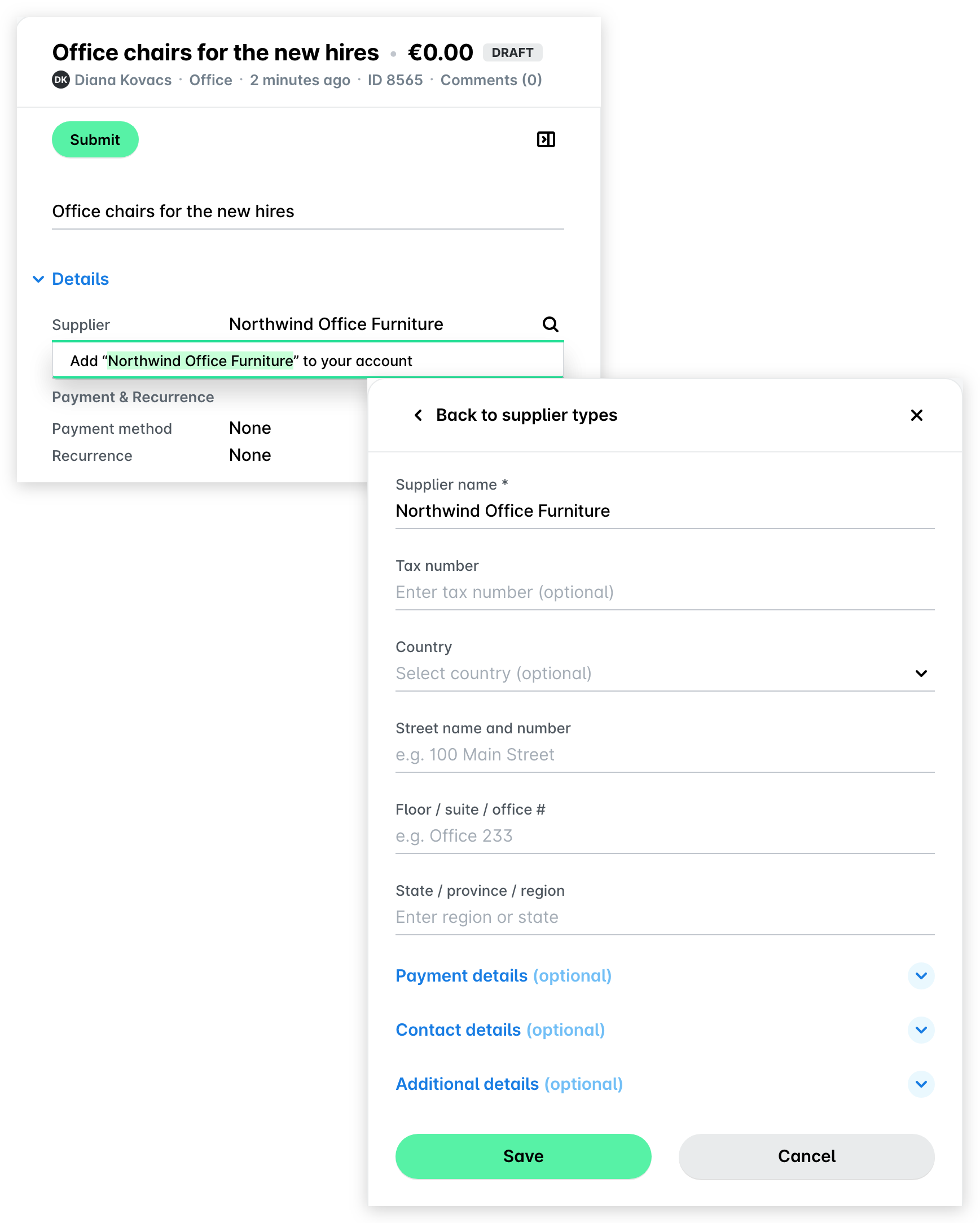 A draft request with Northwind Office Furniture typed in the Supplier field and the Add "Northwind Office Furniture" to your account option, and the Add supplier panel that opens with the supplier name already filled in and the Save button.